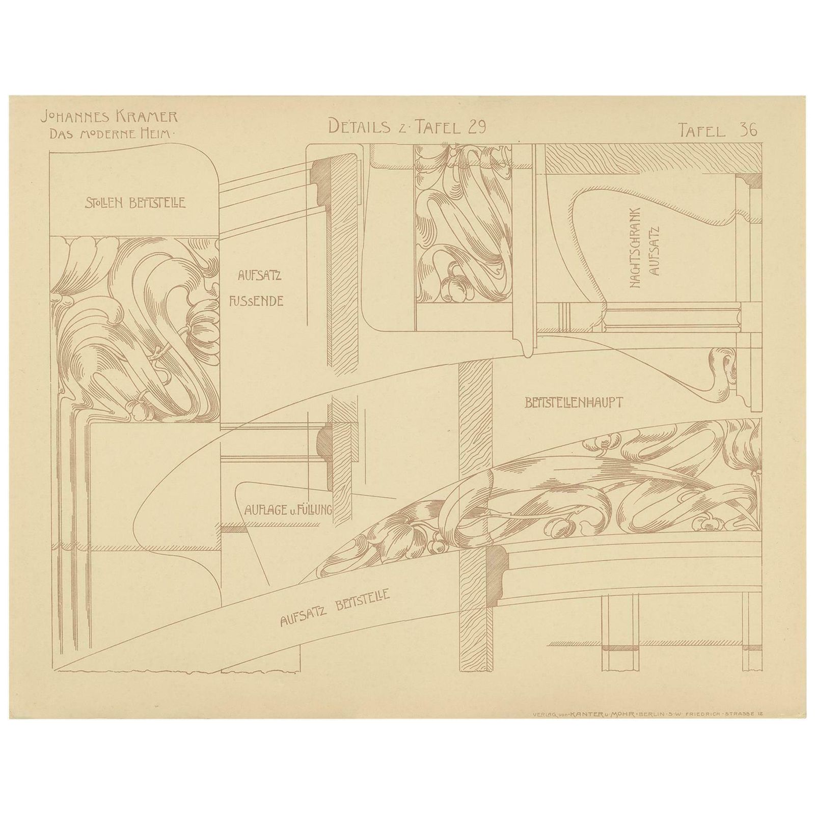 Pl. 36 Antique Print Of Furniture Details By Kramer, Circa 1910