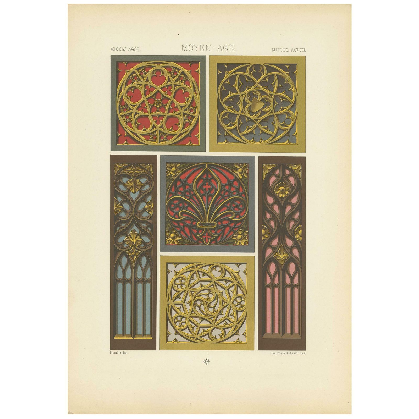 9 Antique Print Of Middle Ages Painted And Gilt Woodwork By Racinet
