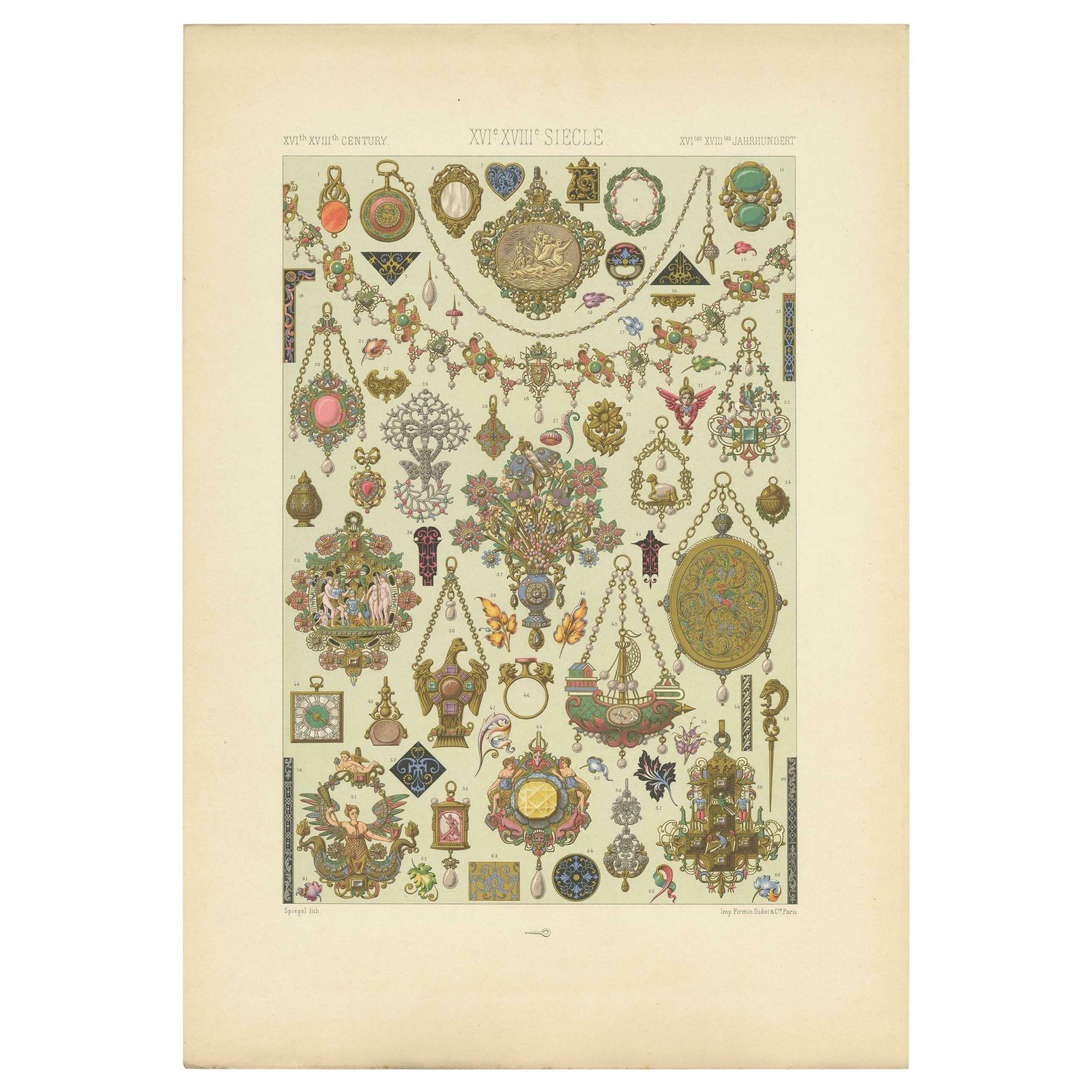 Pl. 102 Antique Print Of 16th Century 15th 18th Jewelry By Racinet, Circa 1890