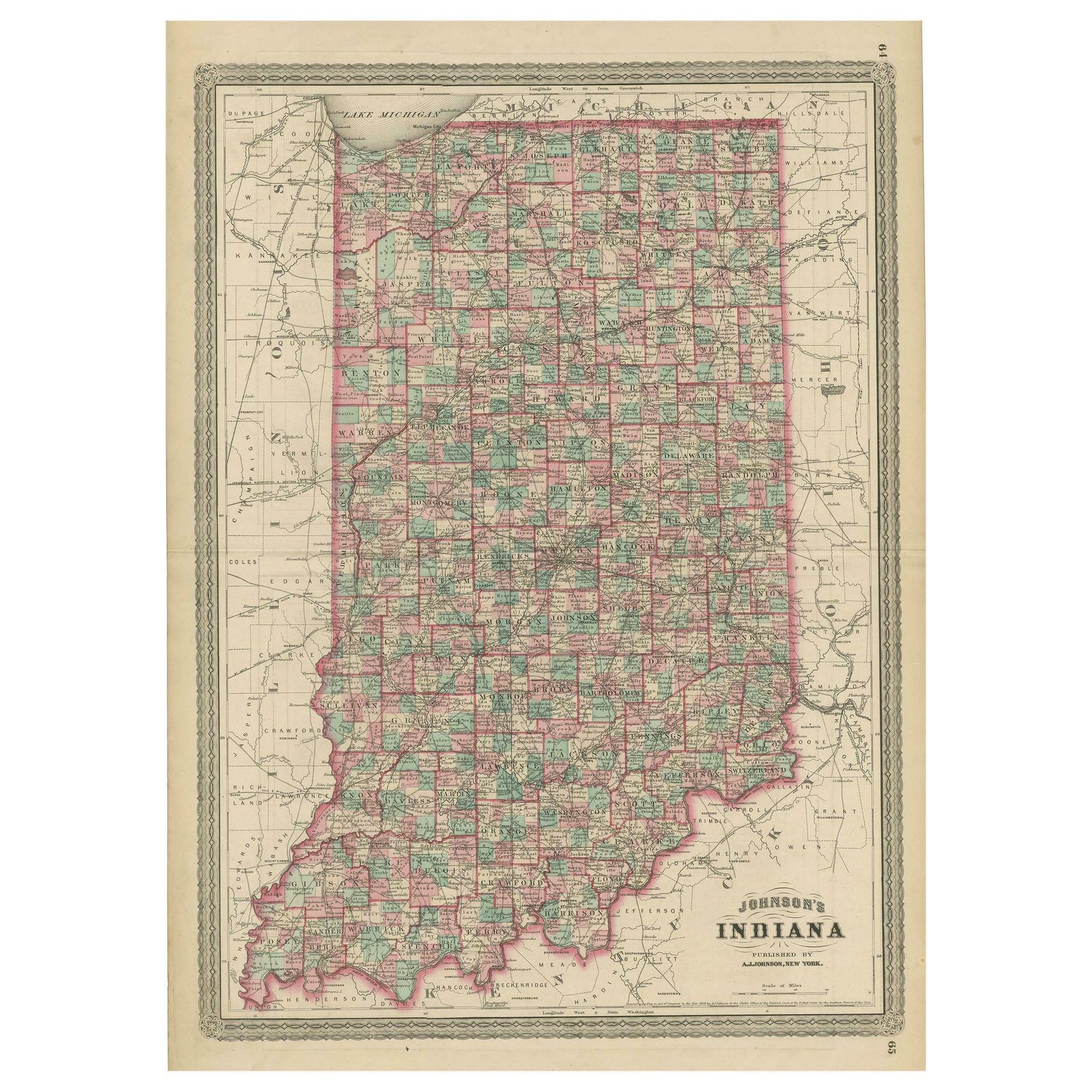 Antique Map Of Indiana By Johnson, 1872