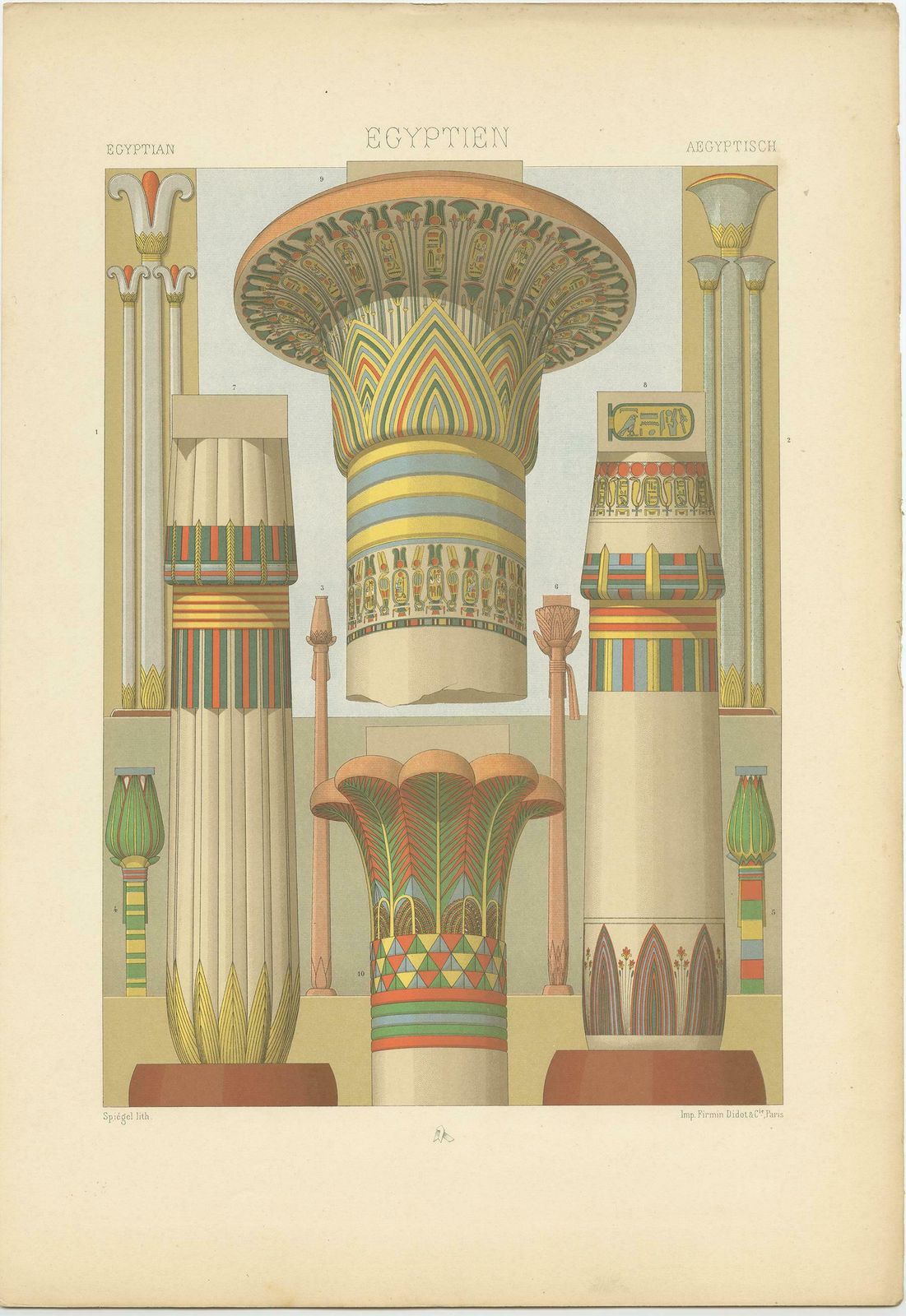 Pl. 2 Print Of Egyptian Columns With Plant Motifs By Racinet 'Circa 1890' photo Art