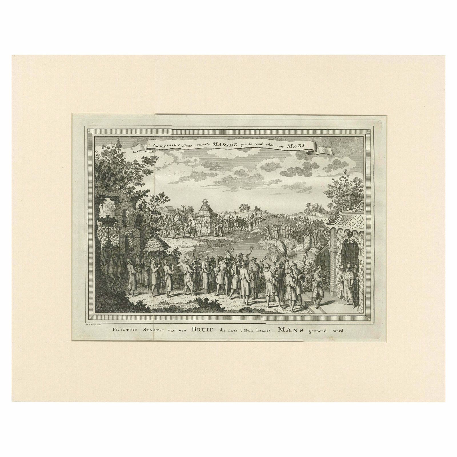 Antique Print Of The Procession Of A Newlywed By Van Schley '1749'