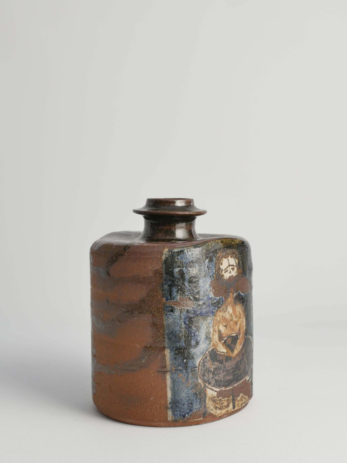 Ceramic Square Bottle Vase With Naive Style Motifs In Brown Glaze photo Home Decor