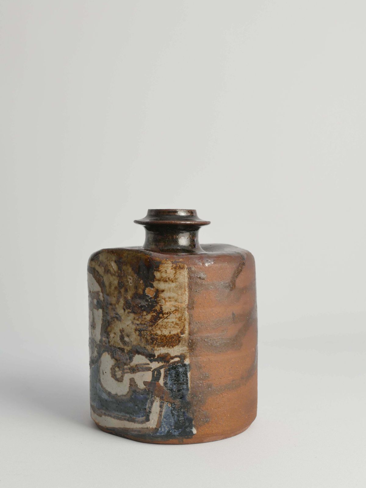 Ceramic Square Bottle Vase With Naive Style Motifs In Brown Glaze photo 276.0