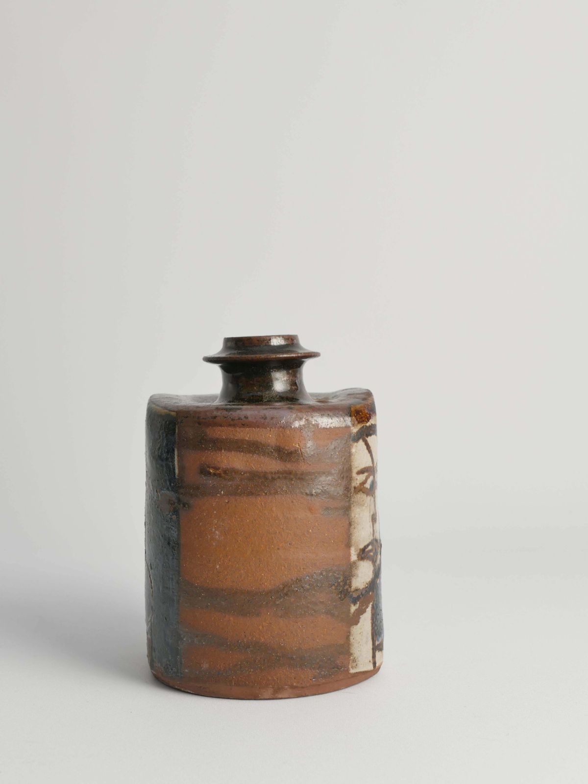 Ceramic Square Bottle Vase With Naive Style Motifs In Brown Glaze photo vintage