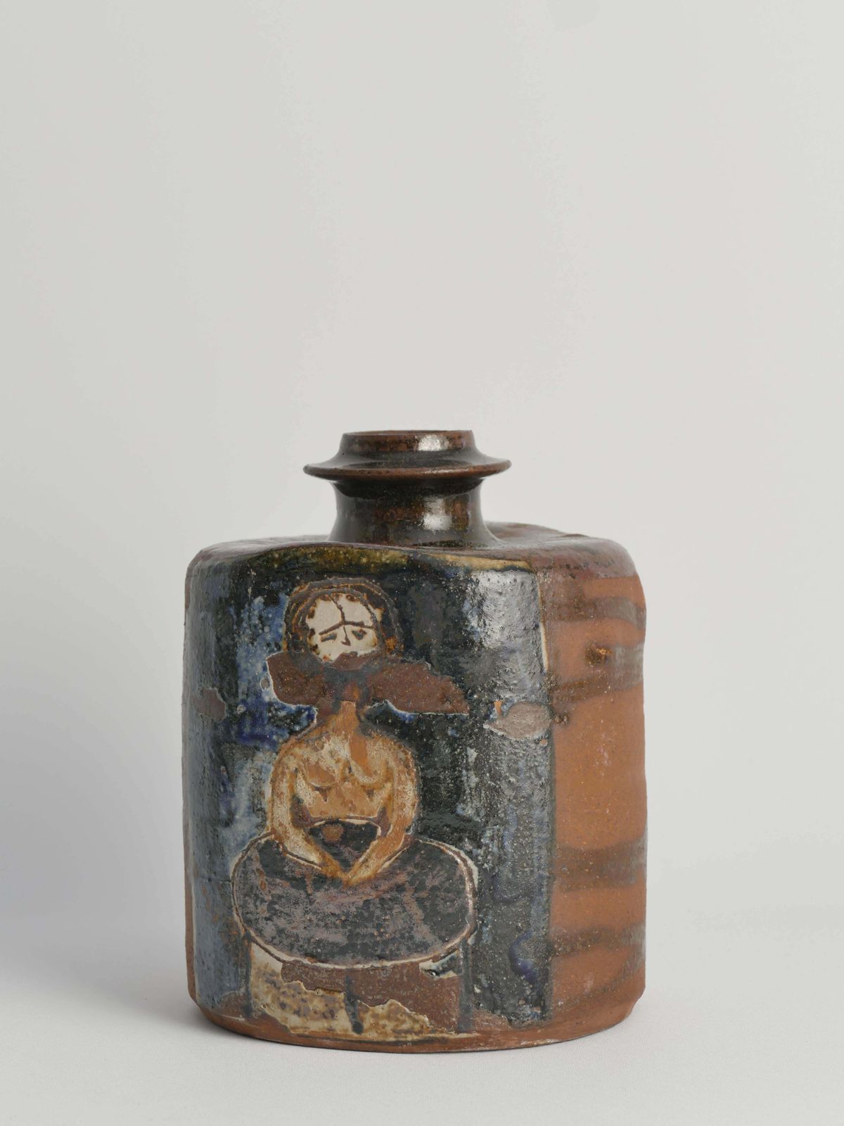 photo for sale Ceramic Square Bottle Vase With Naive Style Motifs In Brown Glaze