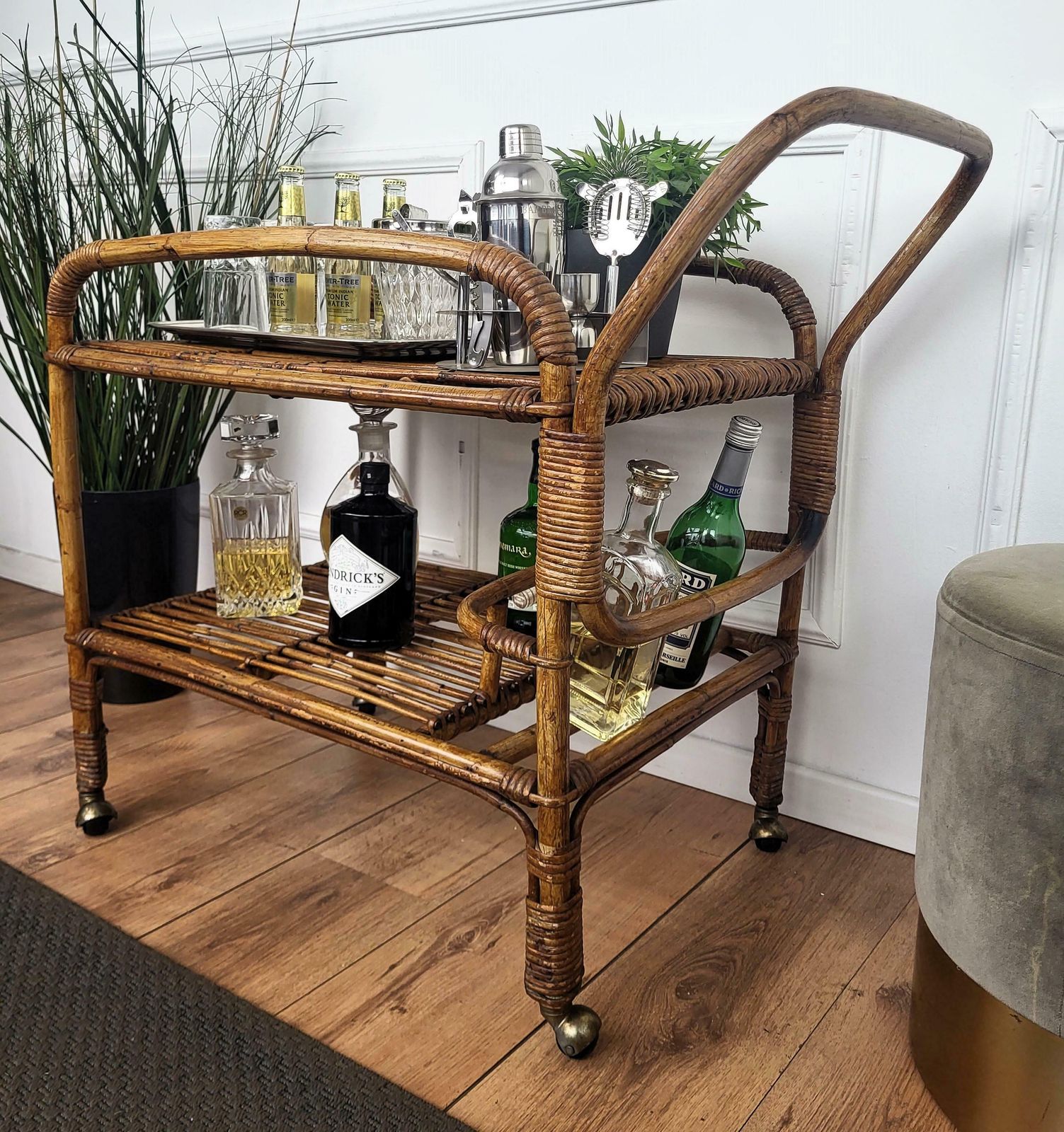 1970s Italian Bamboo Rattan Bohemian French Riviera Serving Bar Cart Cabinet photo 1308.0