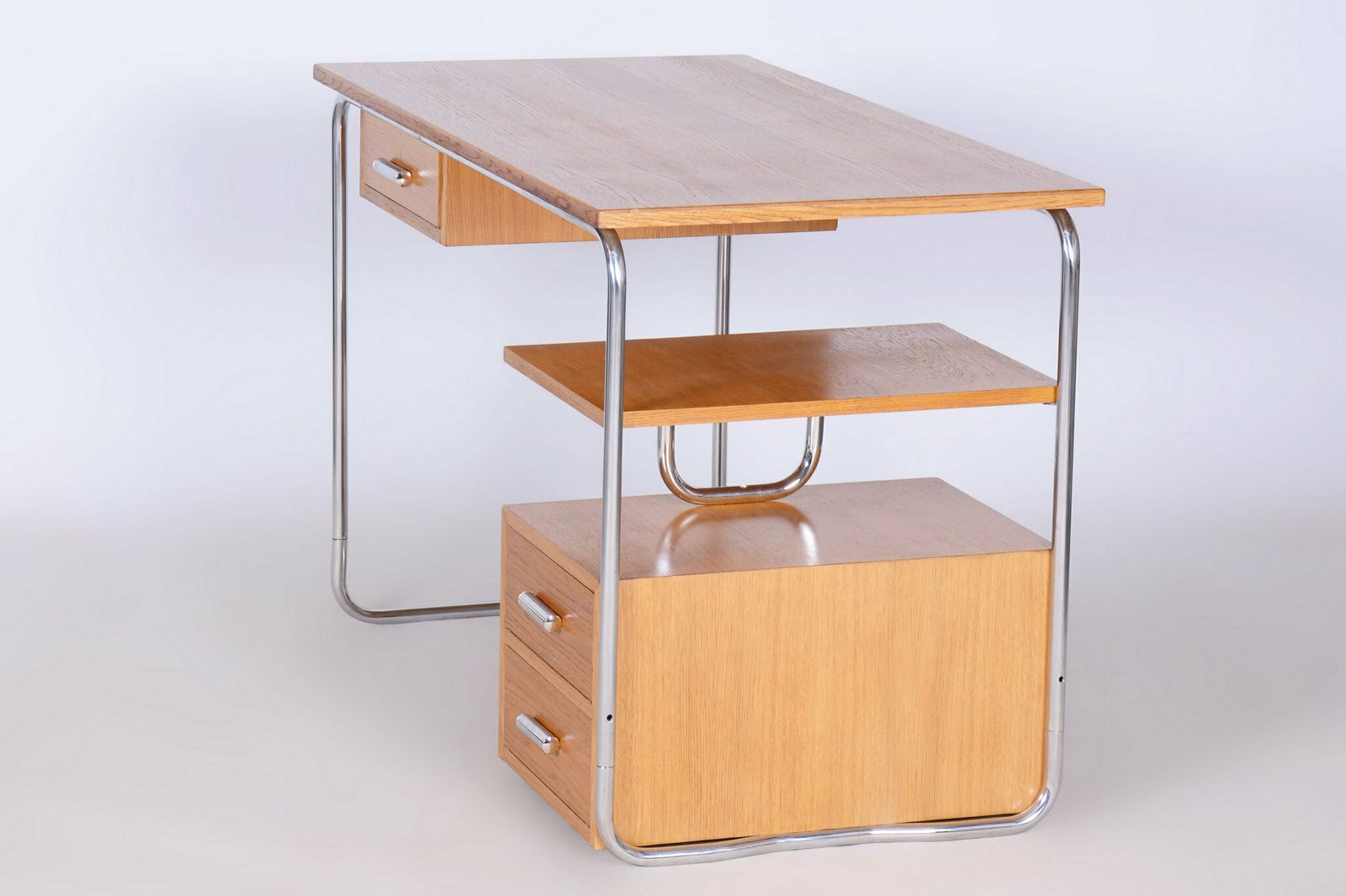 photo for sale Restored Bauhaus Writing Desk, Oak, Chrome Plated Steel, Germany, 1930s