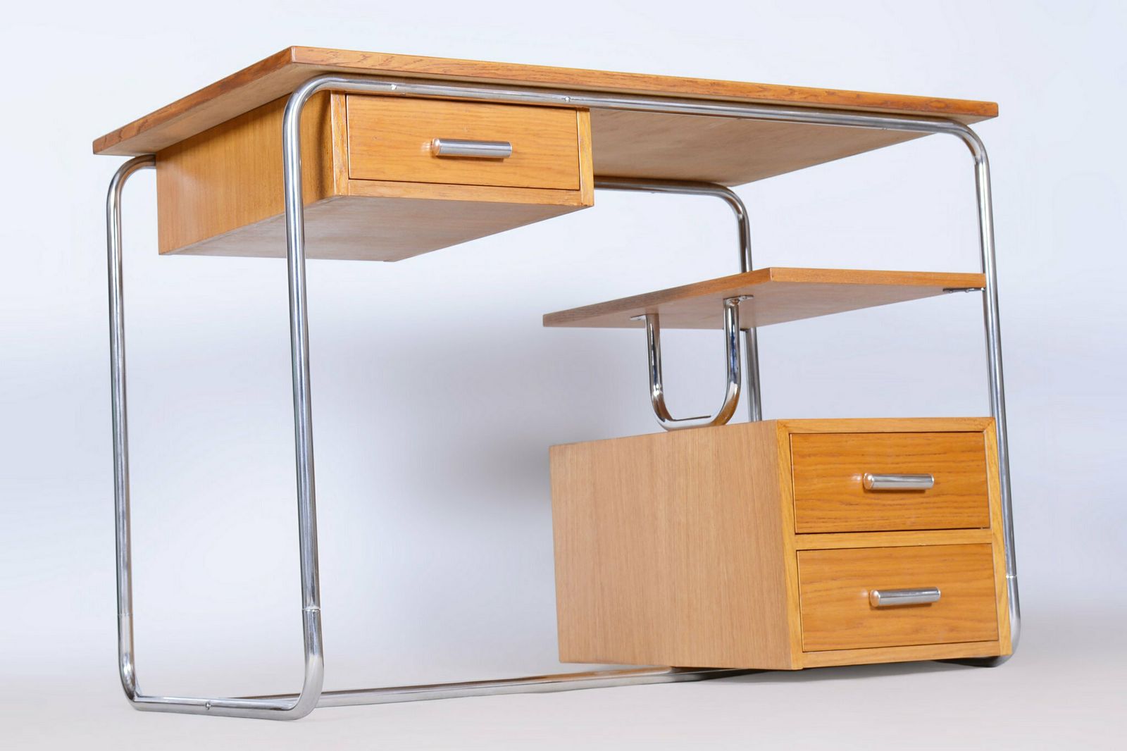 2970.0 Restored Bauhaus Writing Desk, Oak, Chrome Plated Steel, Germany, 1930s photo