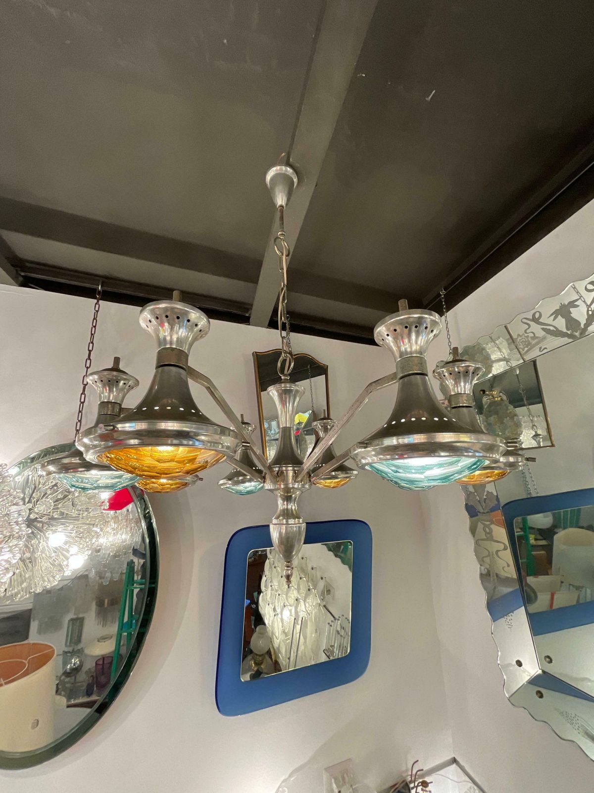 Stilnovo Chandelier Metal Crome Colored Faceted Glass 1950 Italy photo 3925.0