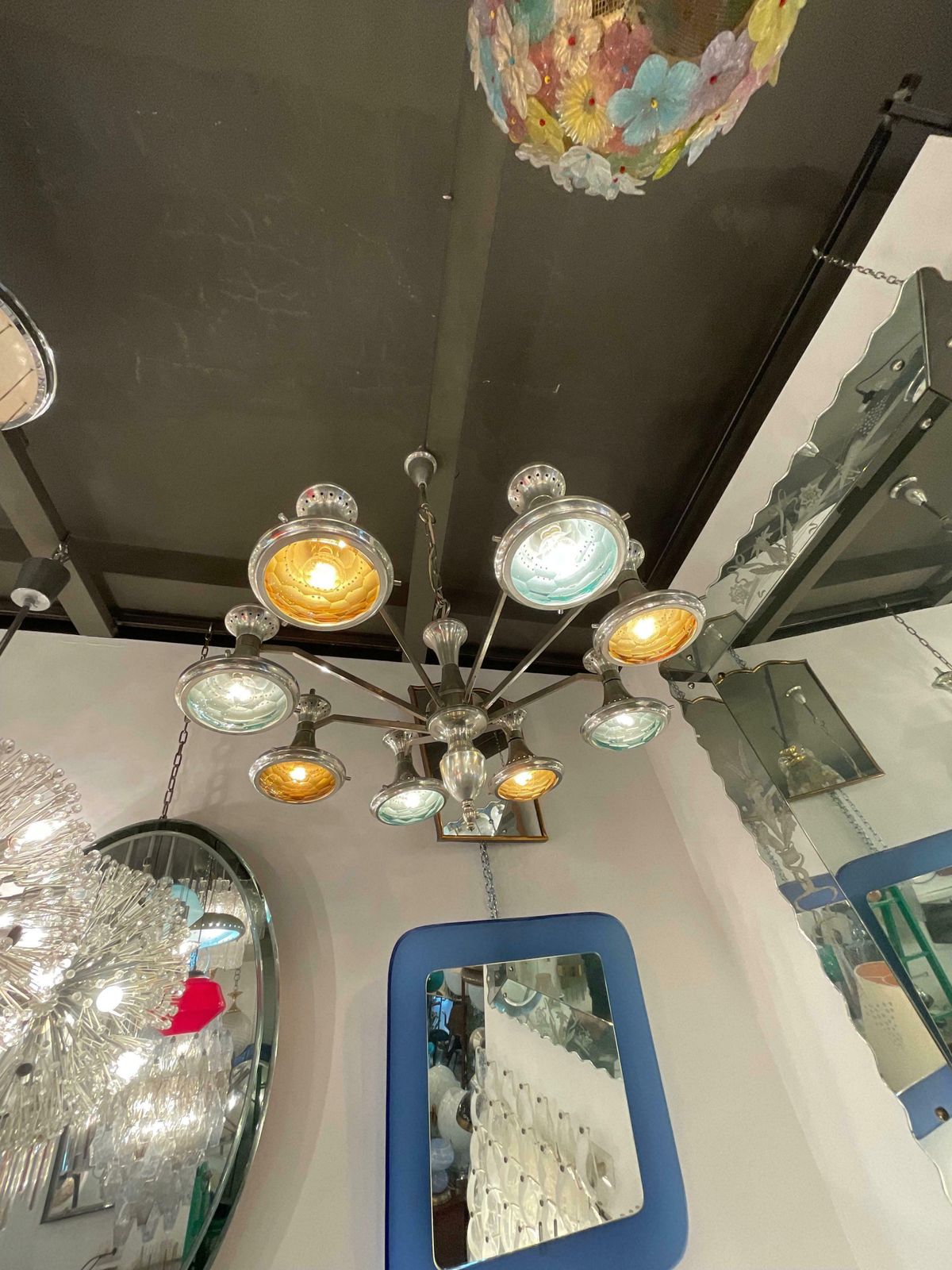 photo for sale Stilnovo Chandelier Metal Crome Colored Faceted Glass 1950 Italy