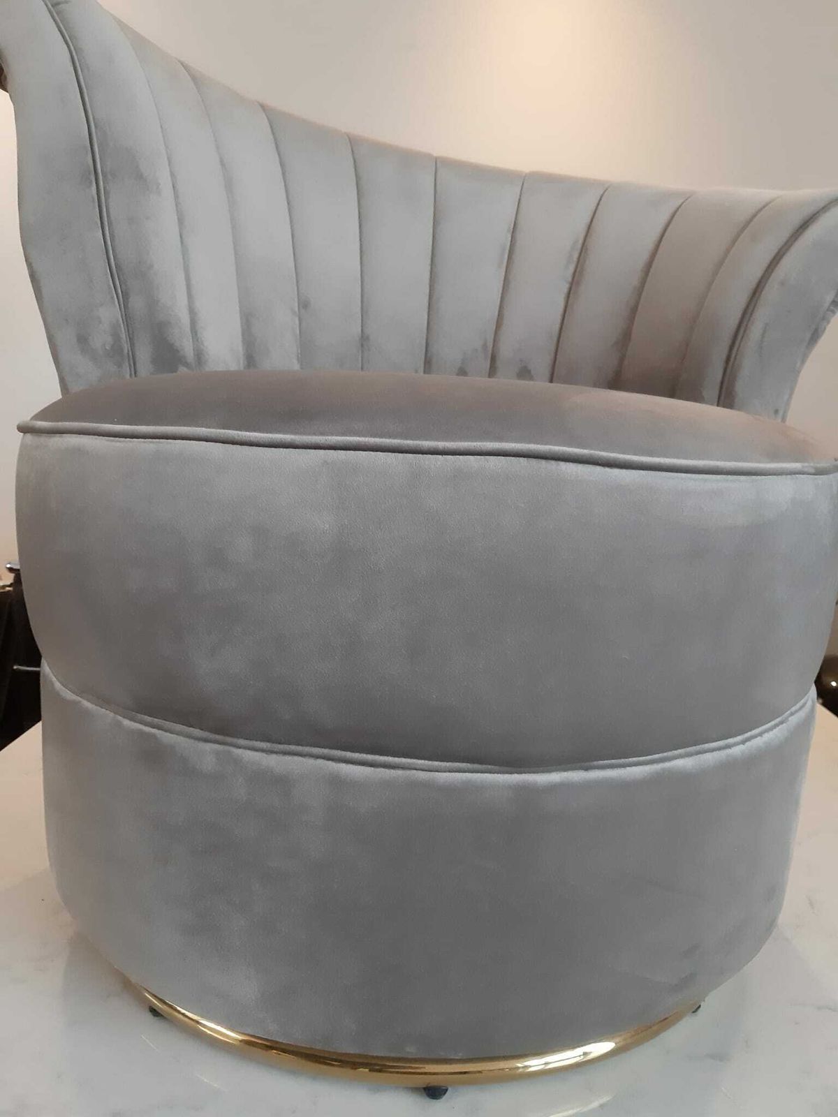 photo for sale Fluted Back Lounge Dressing Room Chair Gold Swivel Base Grey Crushed Velvet