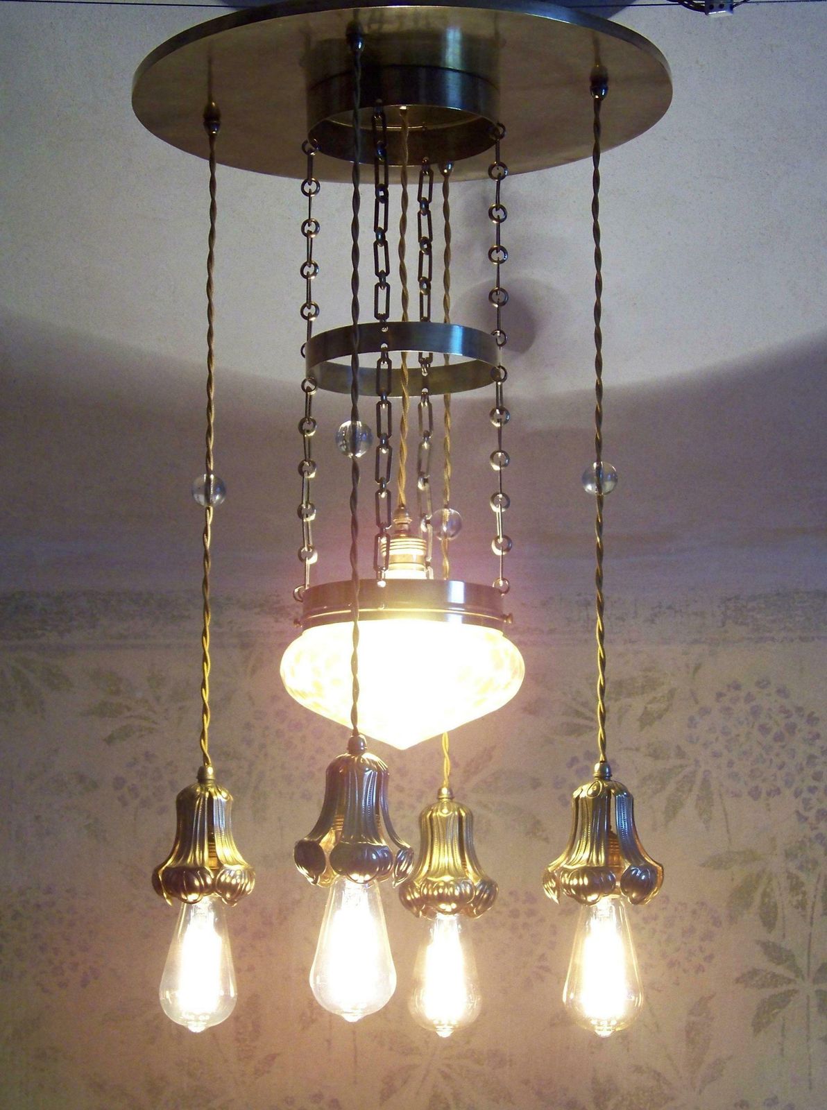 Art Nouveau Chandelier With Iridescent Shade, Loetz photo vintage