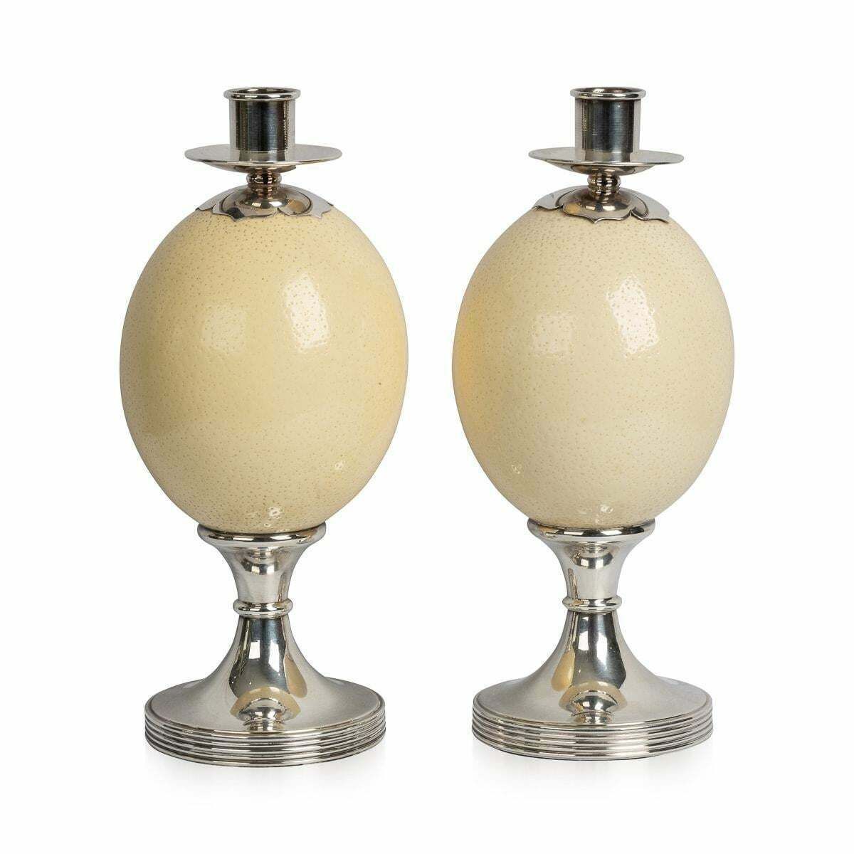 Pair Of Ostrich Egg Mounted Silver Plate Candlesticks, Anthony Redmile C.1970 photo for sale