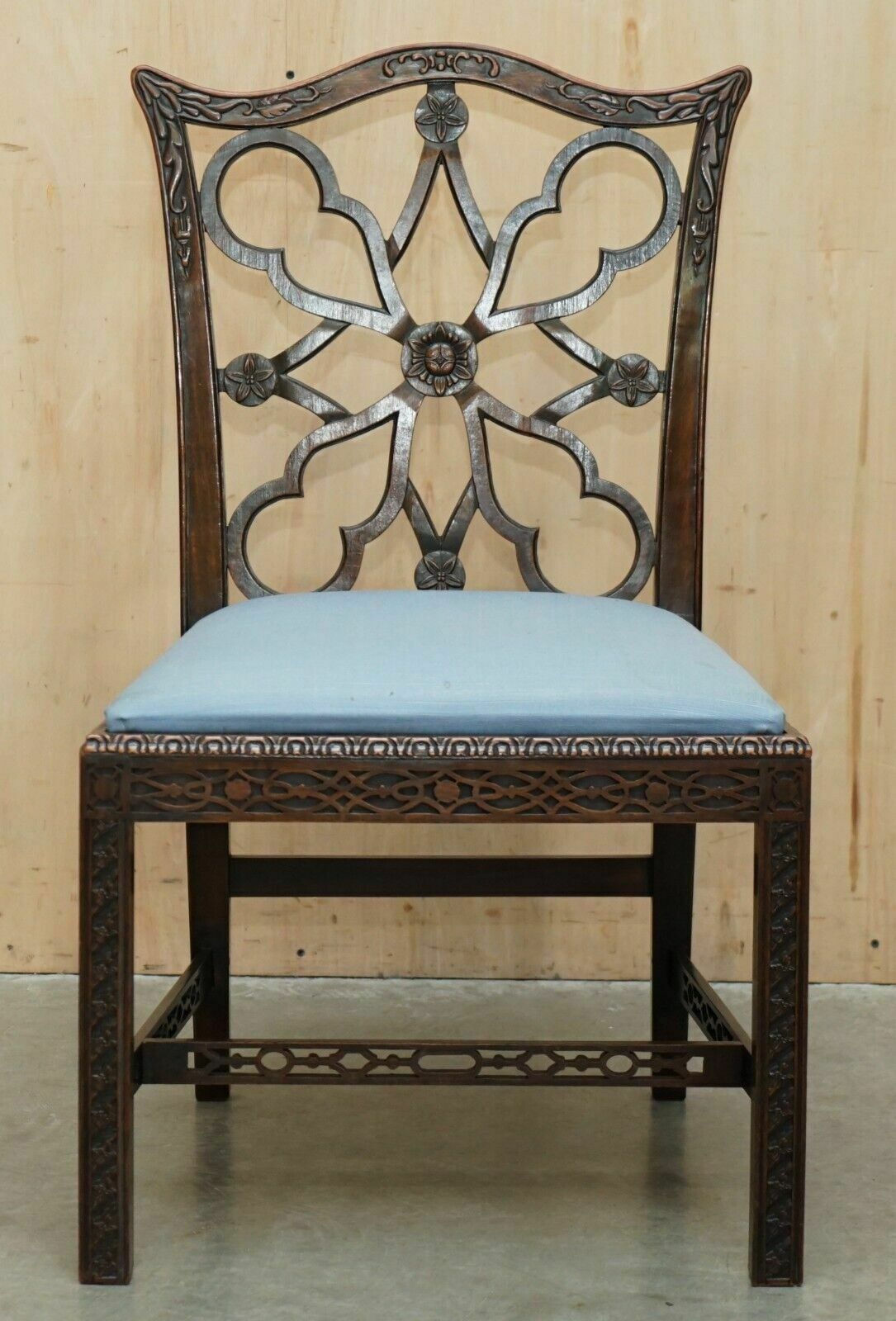 Four Antique Colonial Thomas Chippendale Rosewood Fret Work Carved Dining Chairs photo for sale