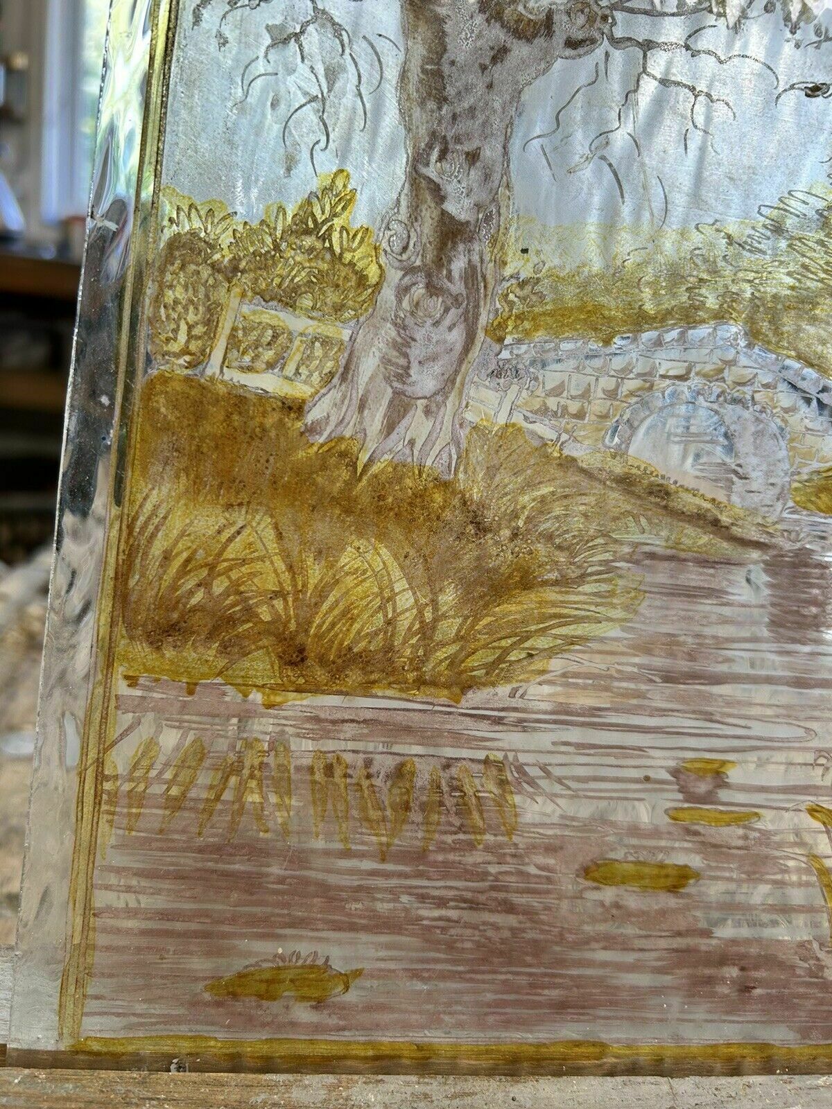Victorian Stained Glass Hand Painted Pane Panel Old Period Antique Reclaimed photo furniture