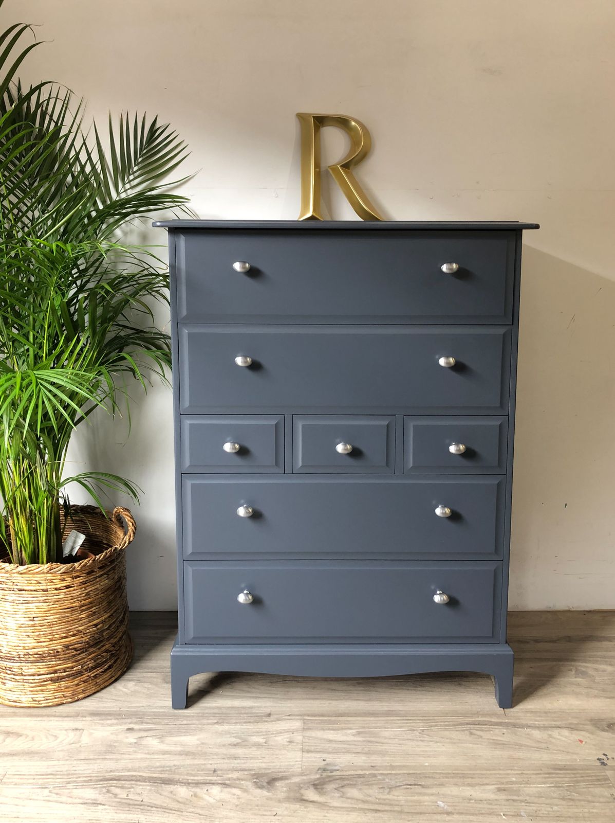 Stag Minstrel Tallboy Chest Of Drawers Blue Satin Chrome Knobs