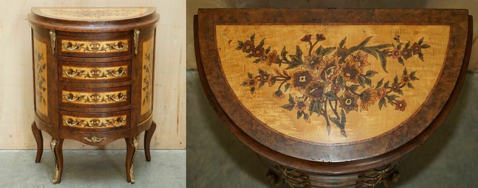 Lovely French Vintage Painted Circa 1940's Burr Walnut Brass Demi Lune Drawers