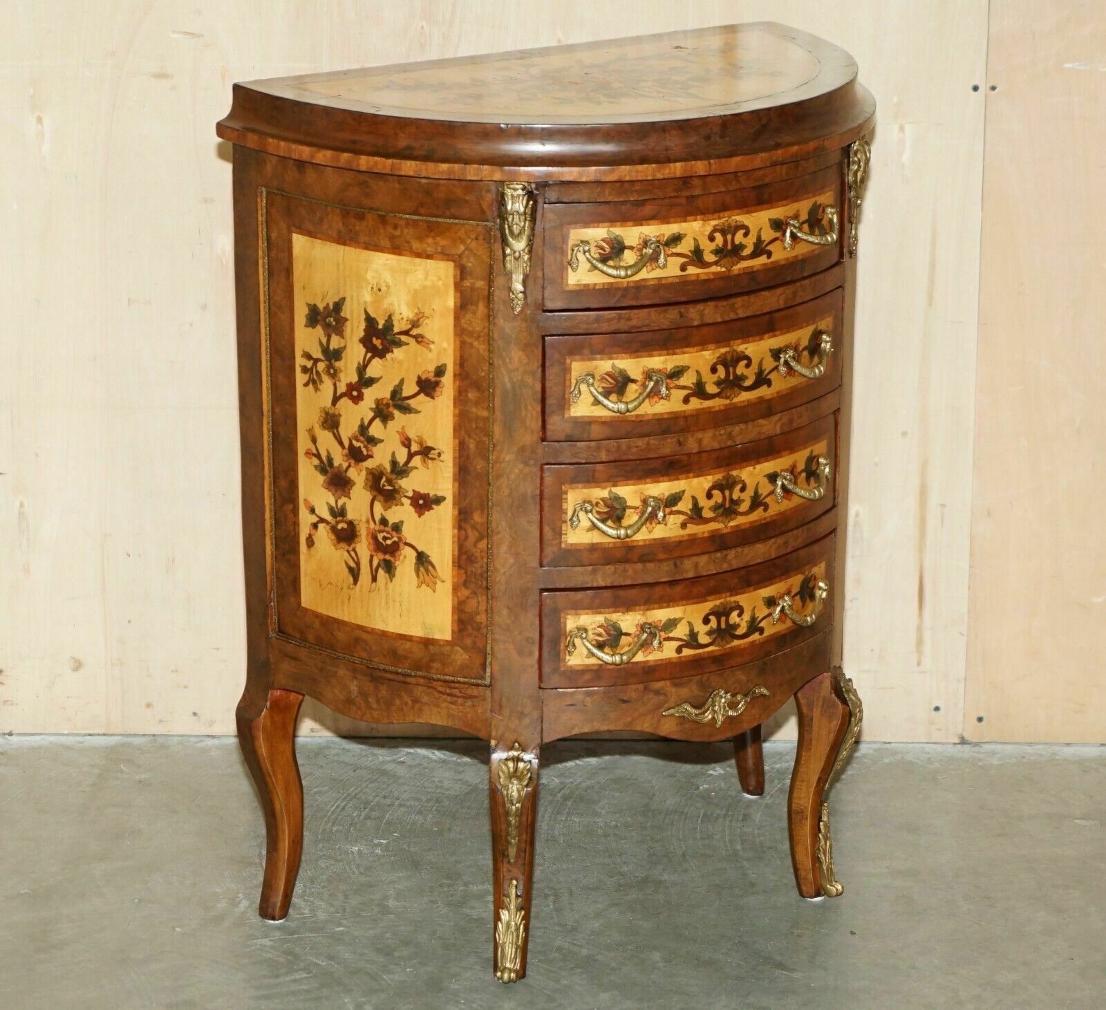 Lovely French Vintage Painted Circa 1940's Burr Walnut Brass Demi Lune Drawers photo furniture