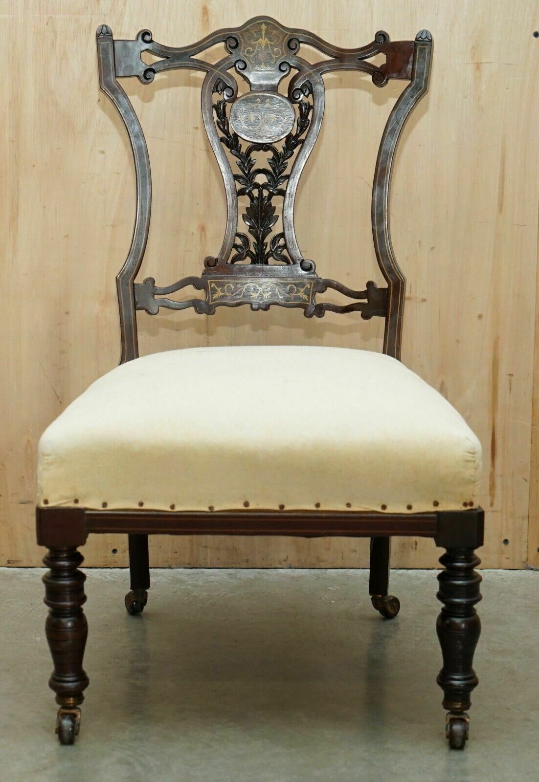 Antique Victorian Rosewood Salon Nursing Chair With Stunning Inlaid Back Panel photo furniture