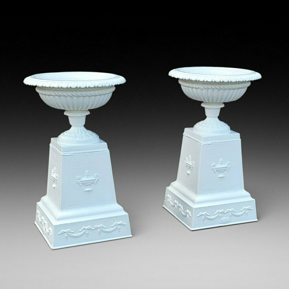 Pair Of Classical Tazza Form Cast Iron Garden Urns