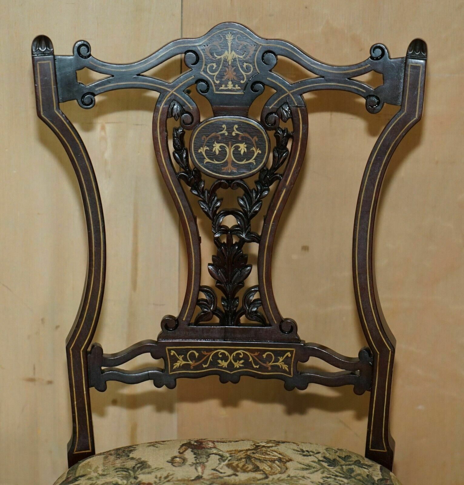 Pair Of Antique Victorian Rosewood Salon Chairs With Stunning Inlaid Back Panels photo Furniture