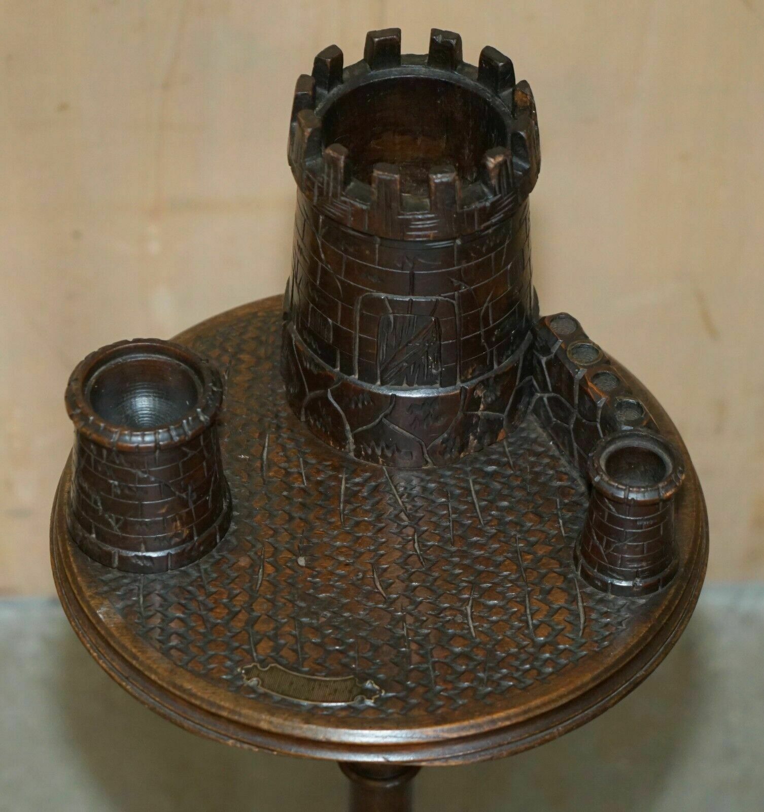 Antique Victorian Smokers Side Table Depicting Castles For Pipes Tobacco Cigars photo buy