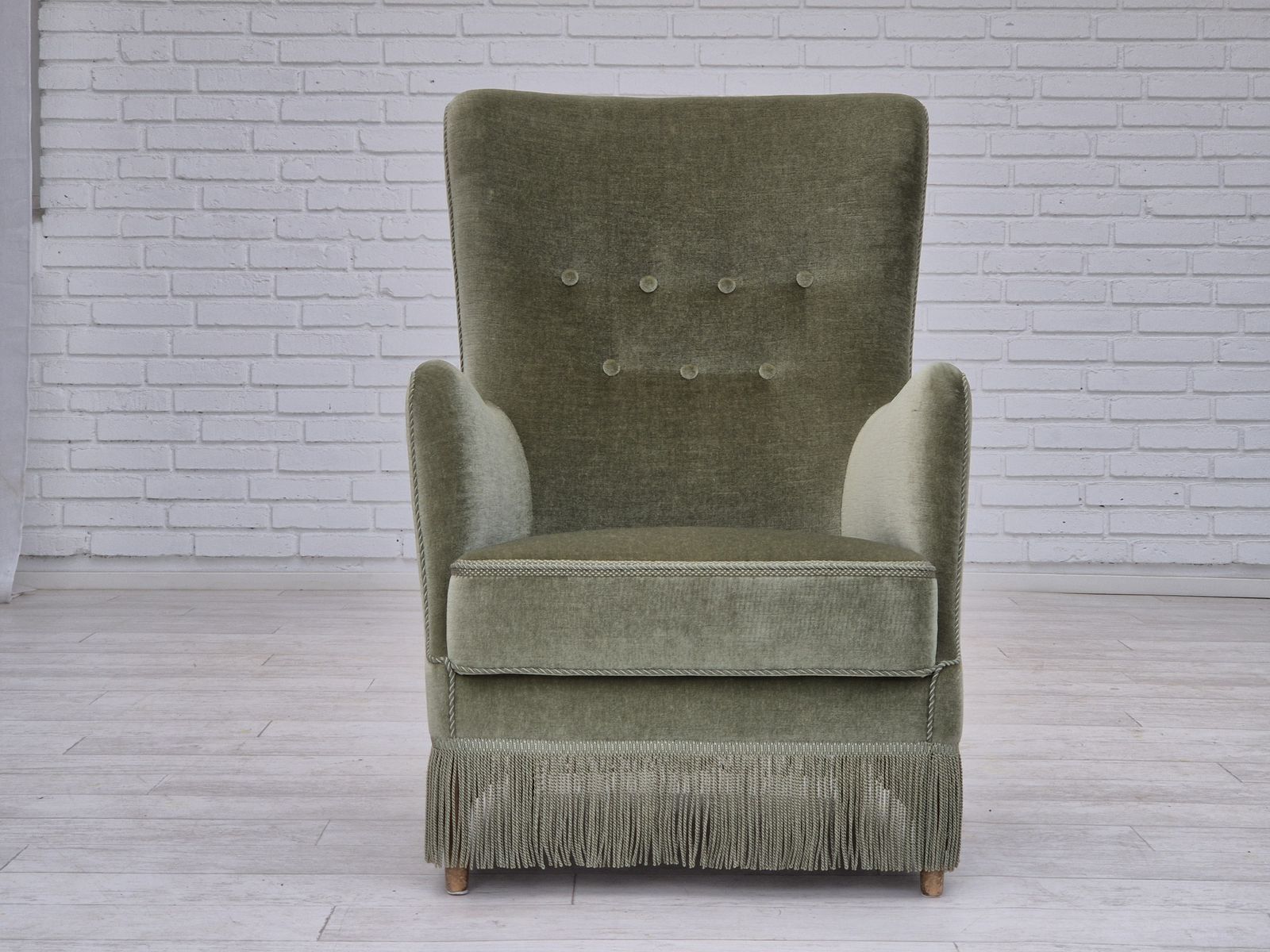 1970s, Danish Armchair, Velour, Beech Wood, Original Excellent Condition. photo vintage