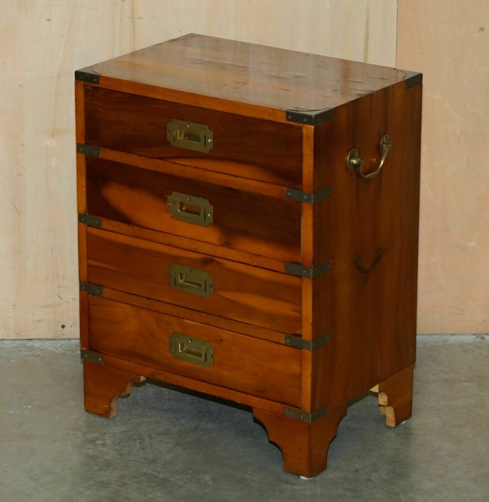 Pair Of Vintage Distressed Military Campaign Burr Yew Wood Side Table Drawers photo for sale