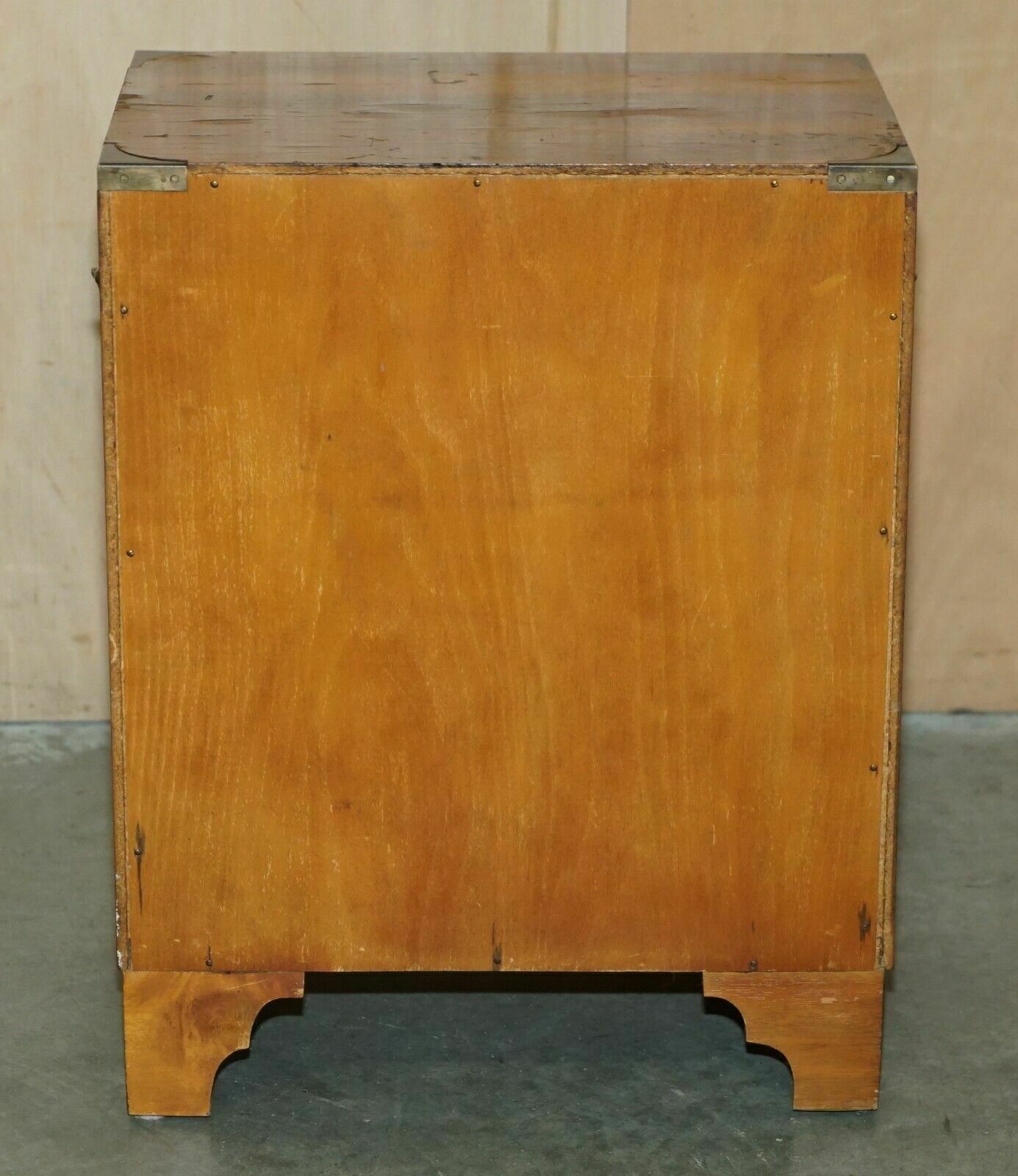 Pair Of Vintage Distressed Military Campaign Burr Yew Wood Side Table Drawers photo vintage