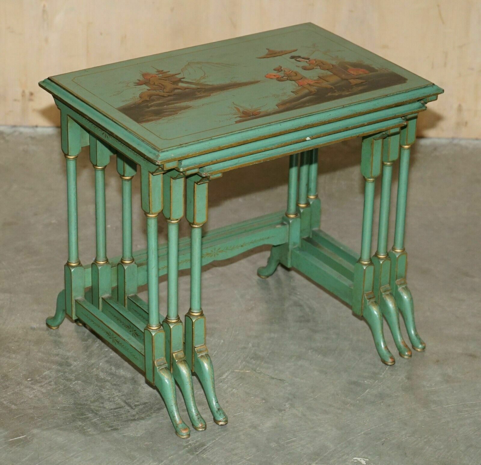Nest Of Three Antique Circa 1920 Chinese Chinoiserie Side Tables Hand Painted photo Furniture