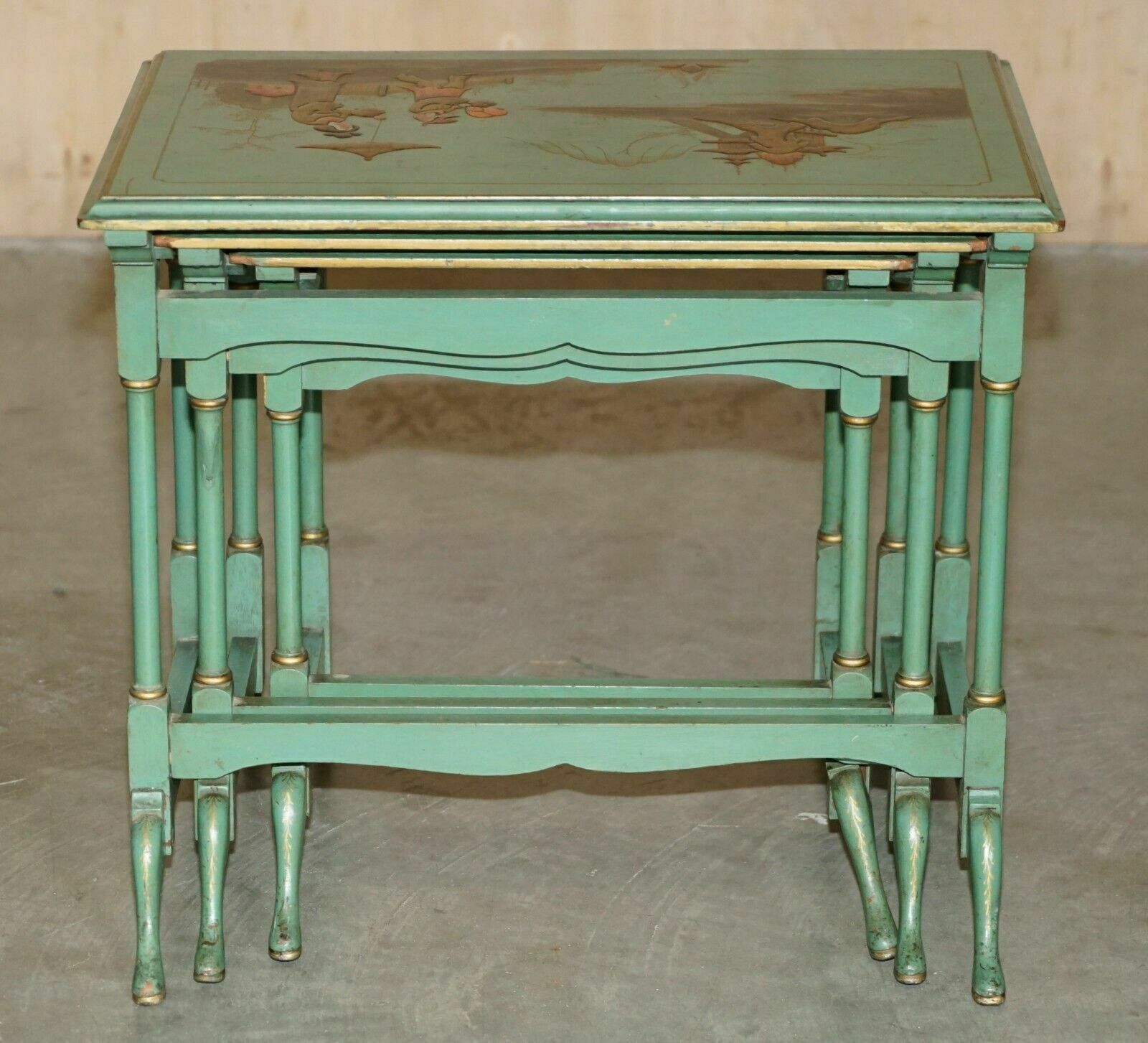 2350.0 Nest Of Three Antique Circa 1920 Chinese Chinoiserie Side Tables Hand Painted photo