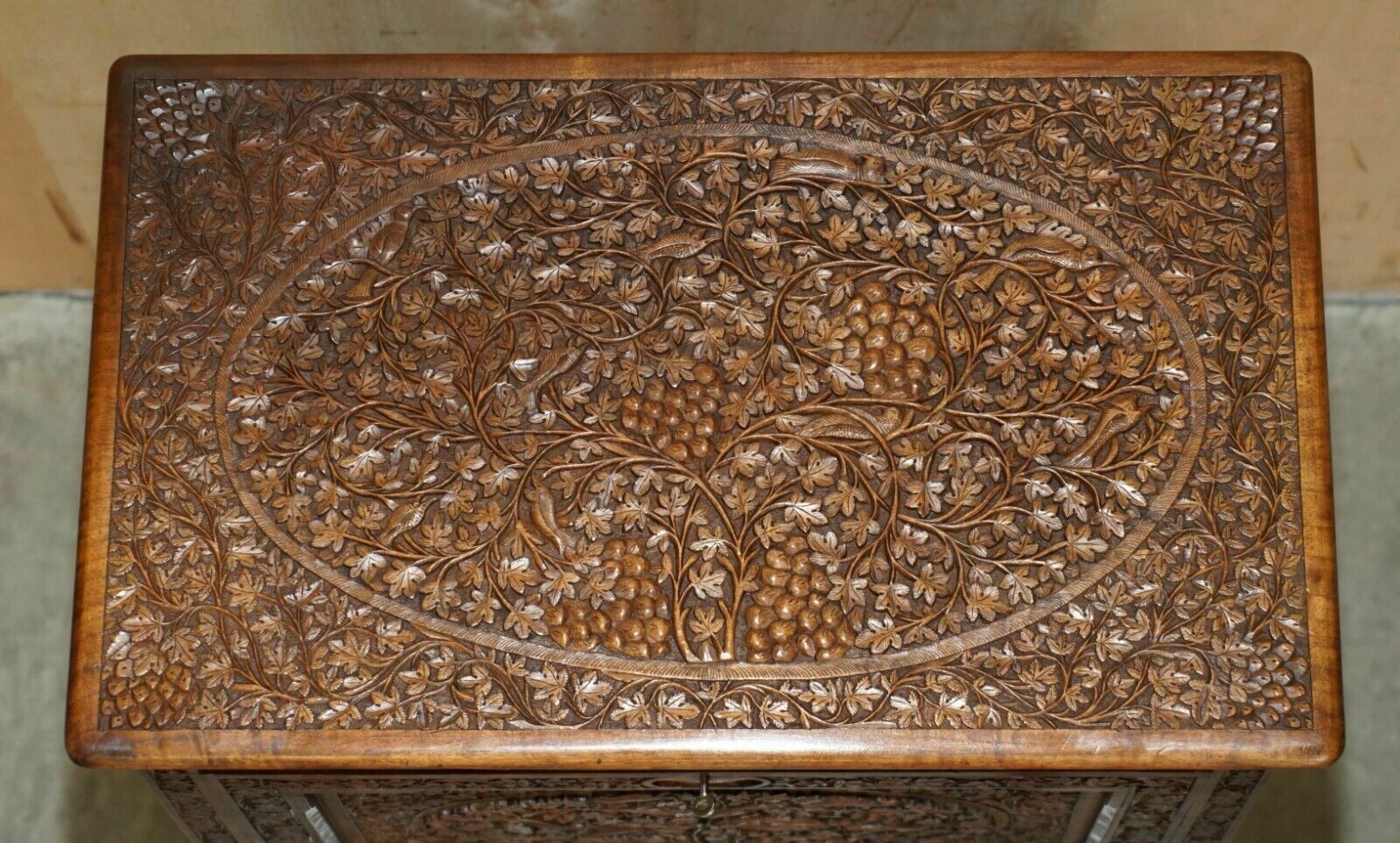 photo for sale Antique Ornately Carved British Colonial Burmese Drinks Cabinet Bar With Key