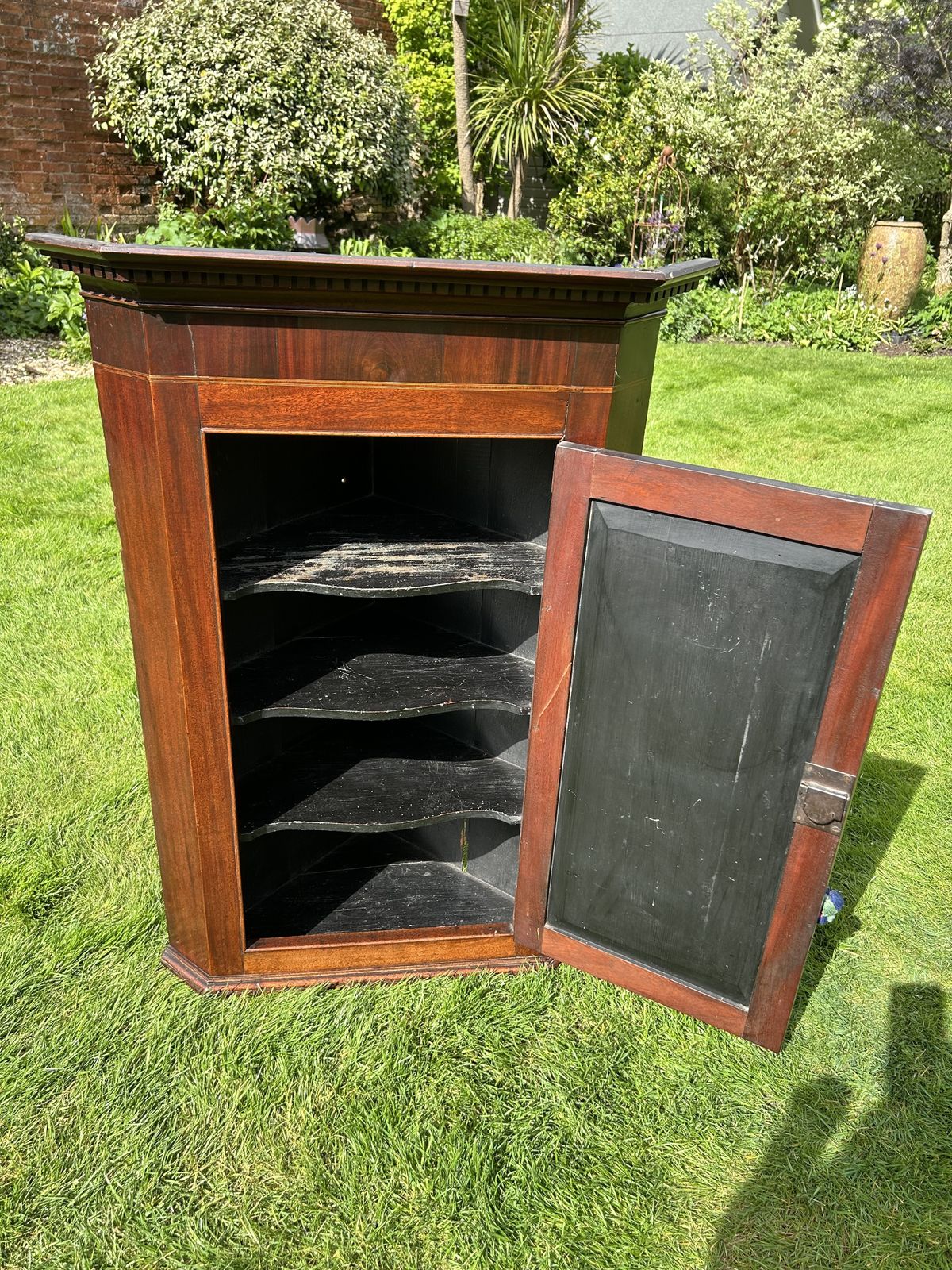 photo furniture Antique Corner Cabinet English Mahogany With Inlay Circa 1800