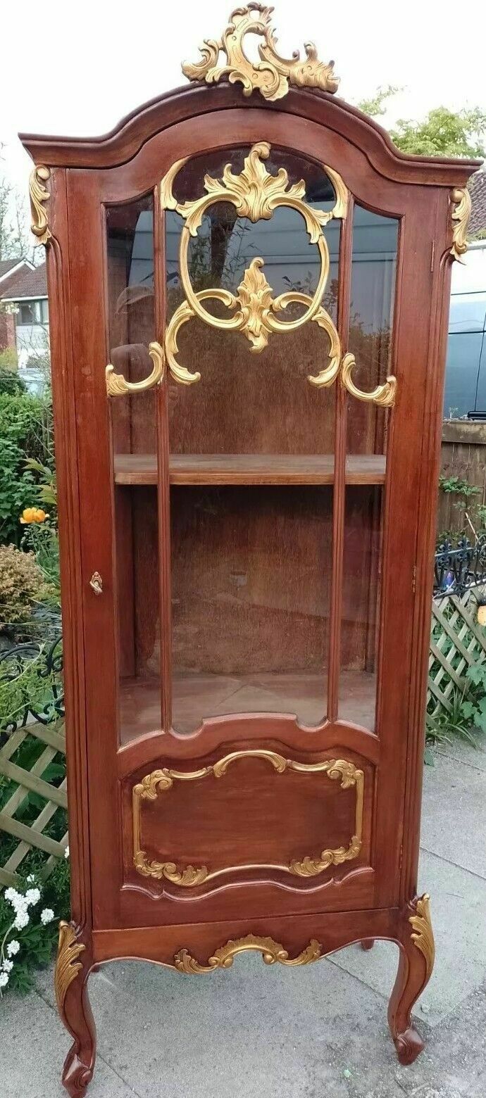 Vintage Large Antique Style French Mahogany & Gilt Wood Display   Drinks Cabinet