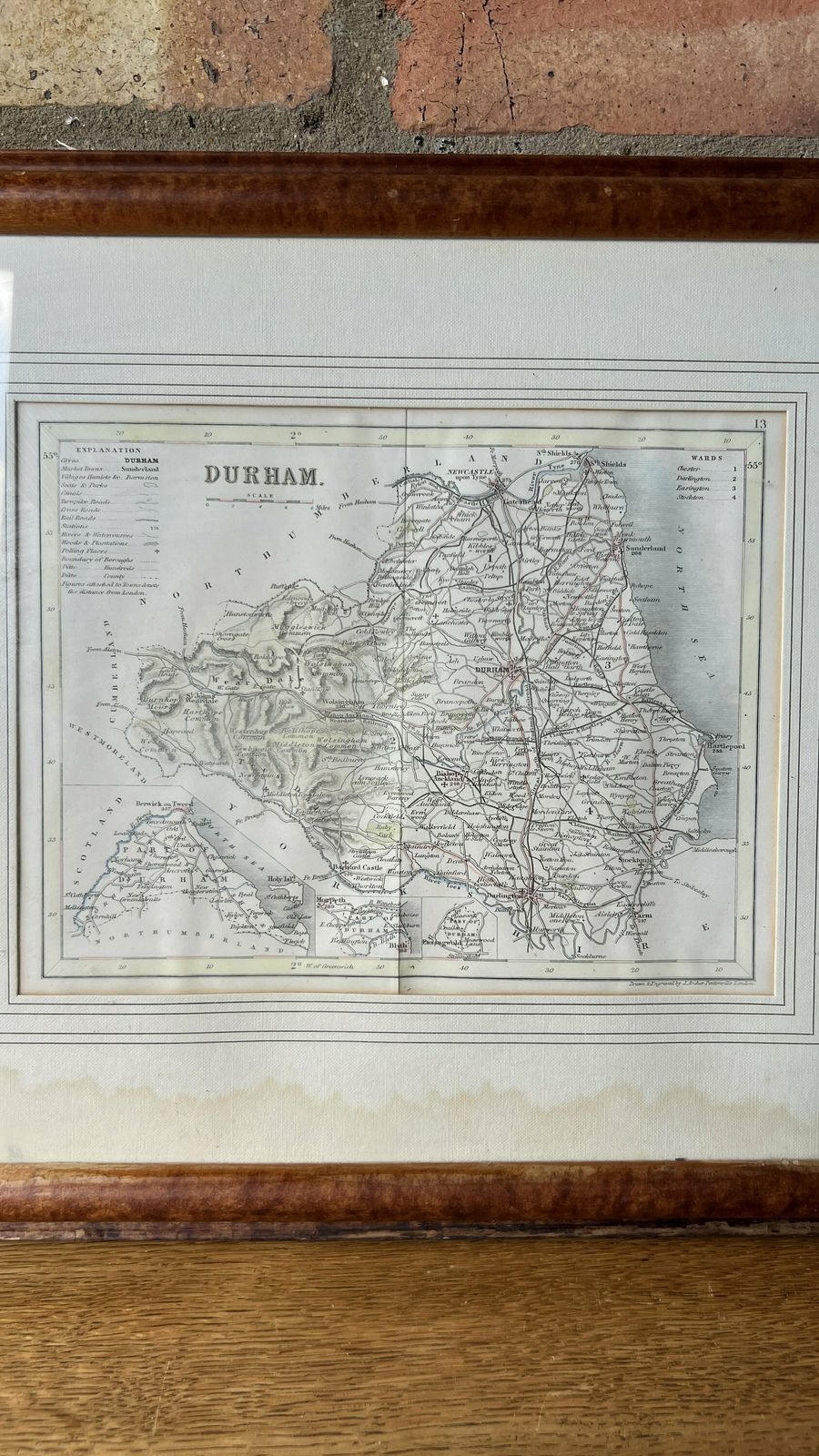 Genuine Early 1800’s Framed Map Of Durham County [ Hand Coloured Engraving By J. Archer ] photo for sale