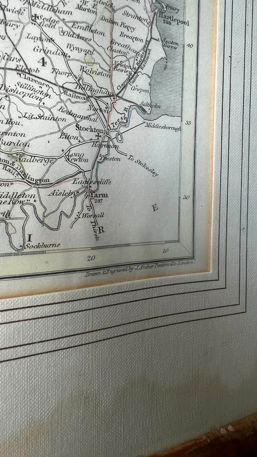 Genuine Early 1800’s Framed Map Of Durham County [ Hand Coloured Engraving By J. Archer ] photo vinterior