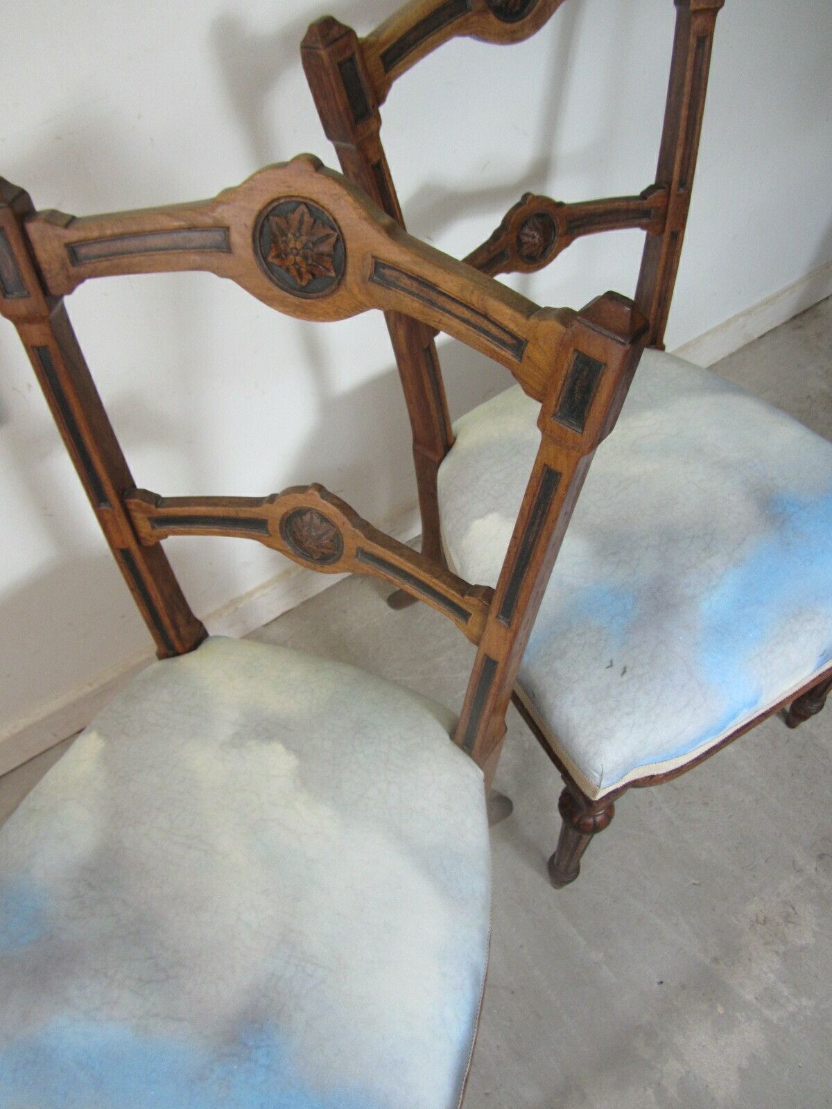 Pair Of Antique Aesthetic Movement Dining Chairs, Traditionally Upholstered With Blue Cloudscape Cotton Fabric photo Furniture