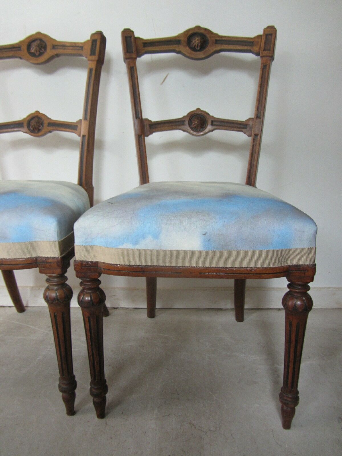 Pair Of Antique Aesthetic Movement Dining Chairs, Traditionally Upholstered With Blue Cloudscape Cotton Fabric photo 345.0
