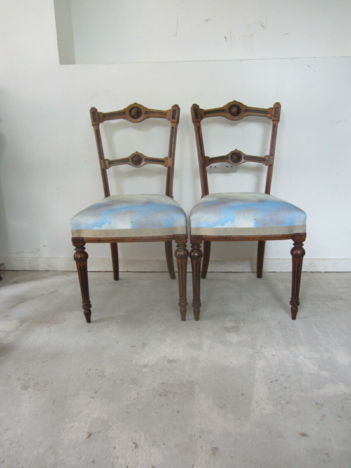 photo for sale Pair Of Antique Aesthetic Movement Dining Chairs, Traditionally Upholstered With Blue Cloudscape Cotton Fabric