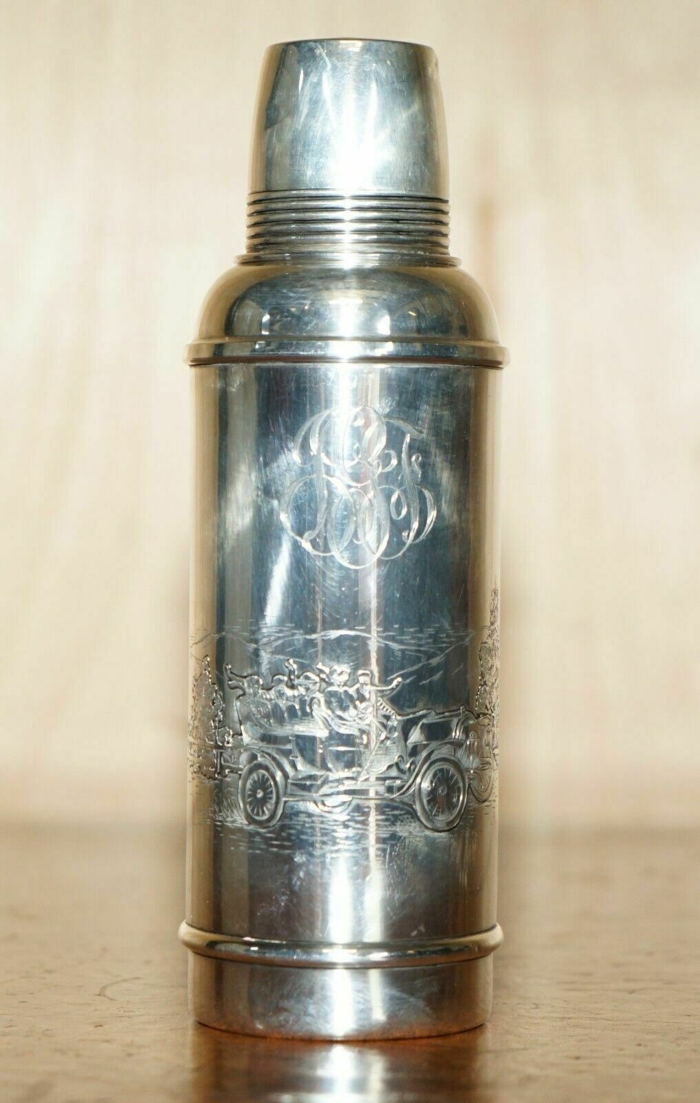 Super Rare Antique Edwardian Sterling Silver Flask Depicting People Racing Cars photo furniture