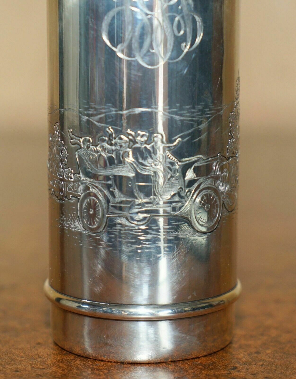 Super Rare Antique Edwardian Sterling Silver Flask Depicting People Racing Cars photo for sale