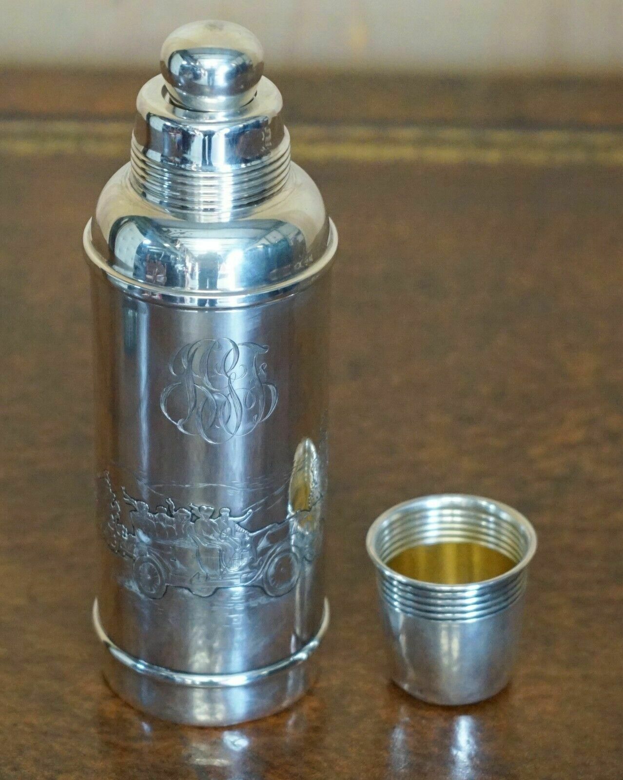 Super Rare Antique Edwardian Sterling Silver Flask Depicting People Racing Cars photo buy