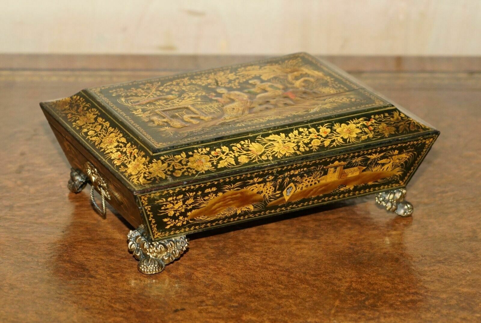 Sublime Antique English Georgian 1820 Chinese Chinoiserie Penwork Jewellery Box photo furniture