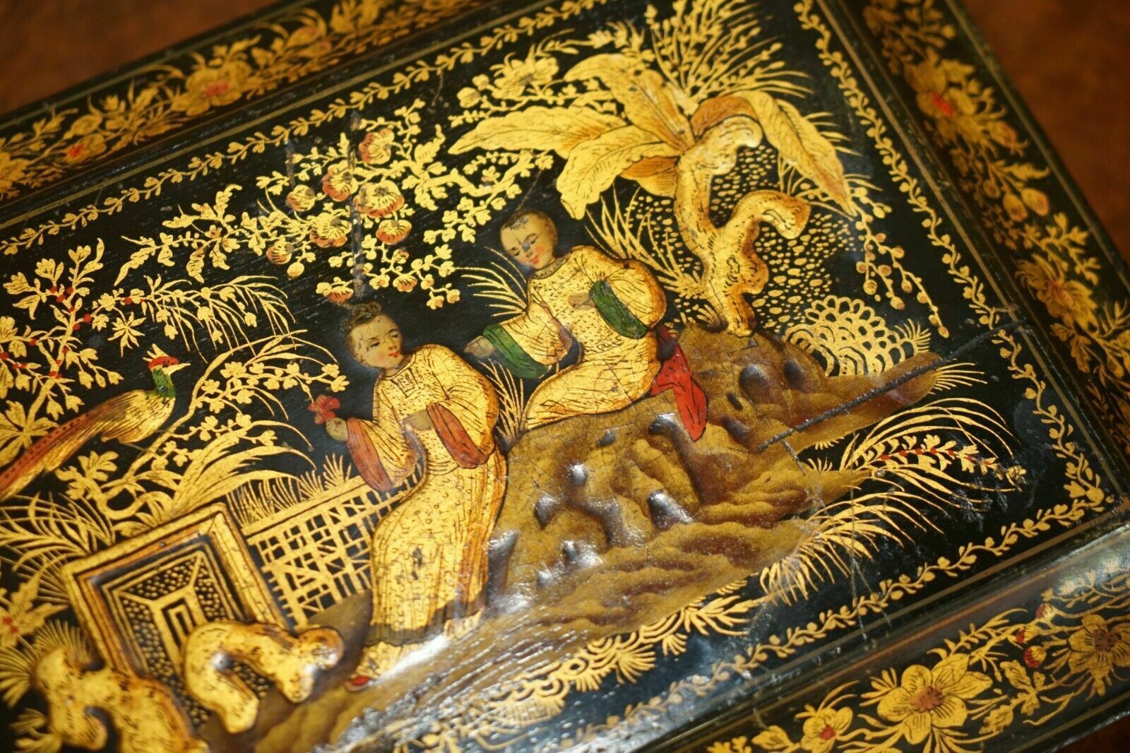 Sublime Antique English Georgian 1820 Chinese Chinoiserie Penwork Jewellery Box photo buy