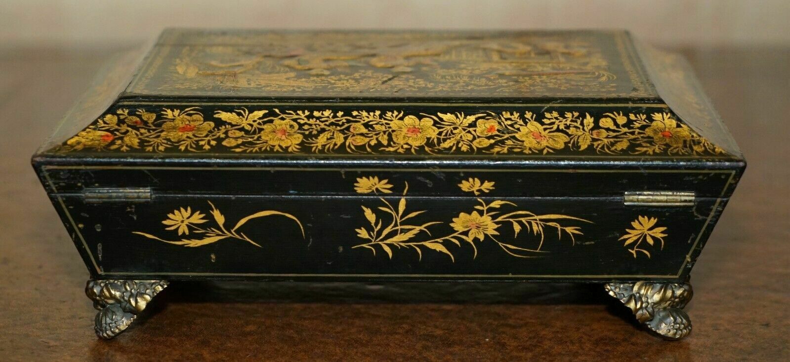 Home Decor Sublime Antique English Georgian 1820 Chinese Chinoiserie Penwork Jewellery Box photo