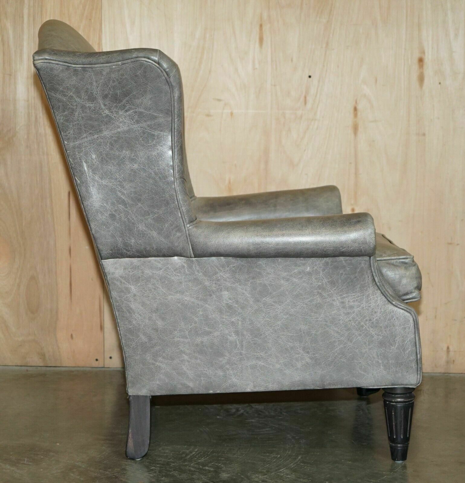 Furniture Luxury Pair Of Contemporary Grey Blue Leather Wingback Armchairs Ebonised Legs photo