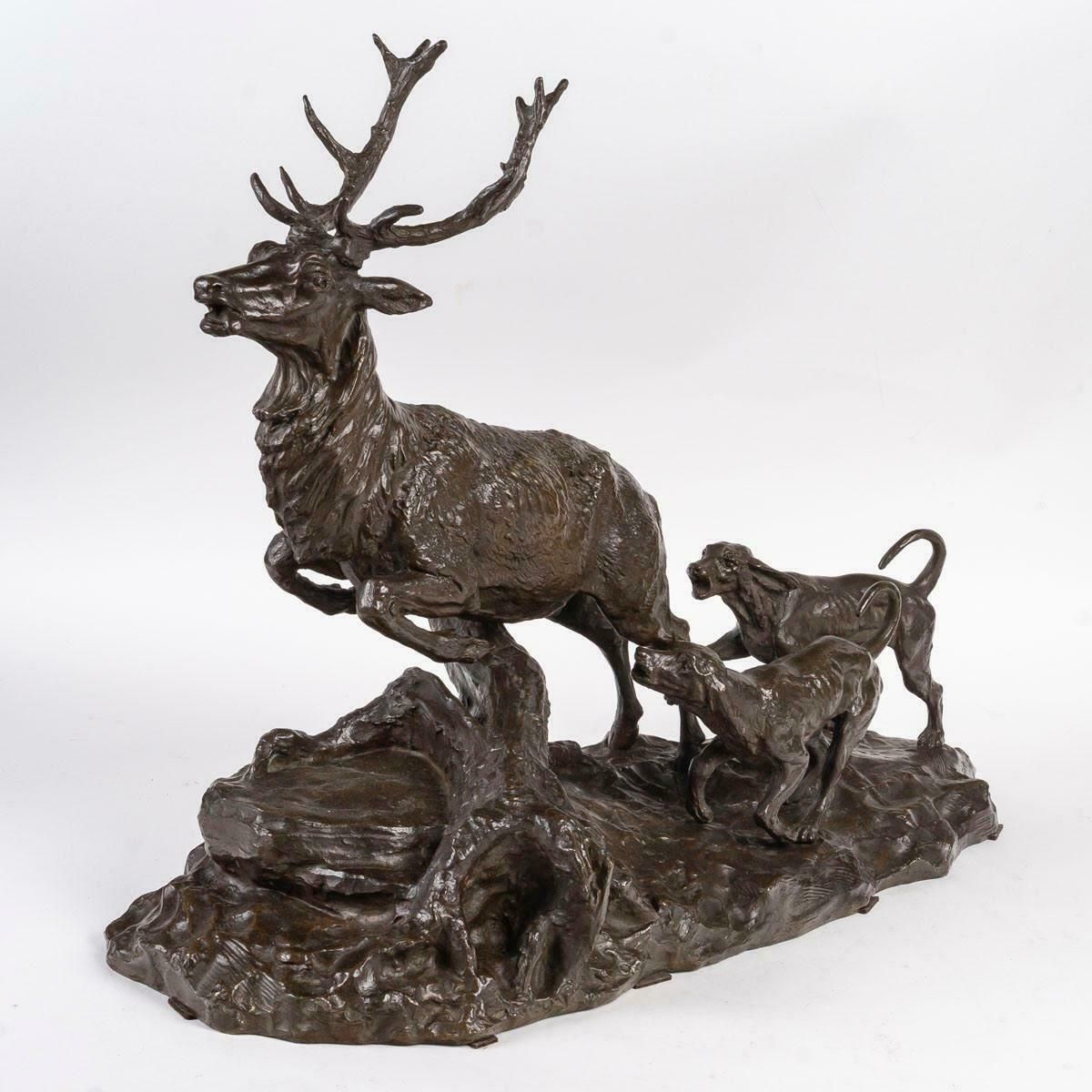 photo furniture A Patinated Bronze Sculpture Of A Stag And Hunting Dogs, 19th Century.