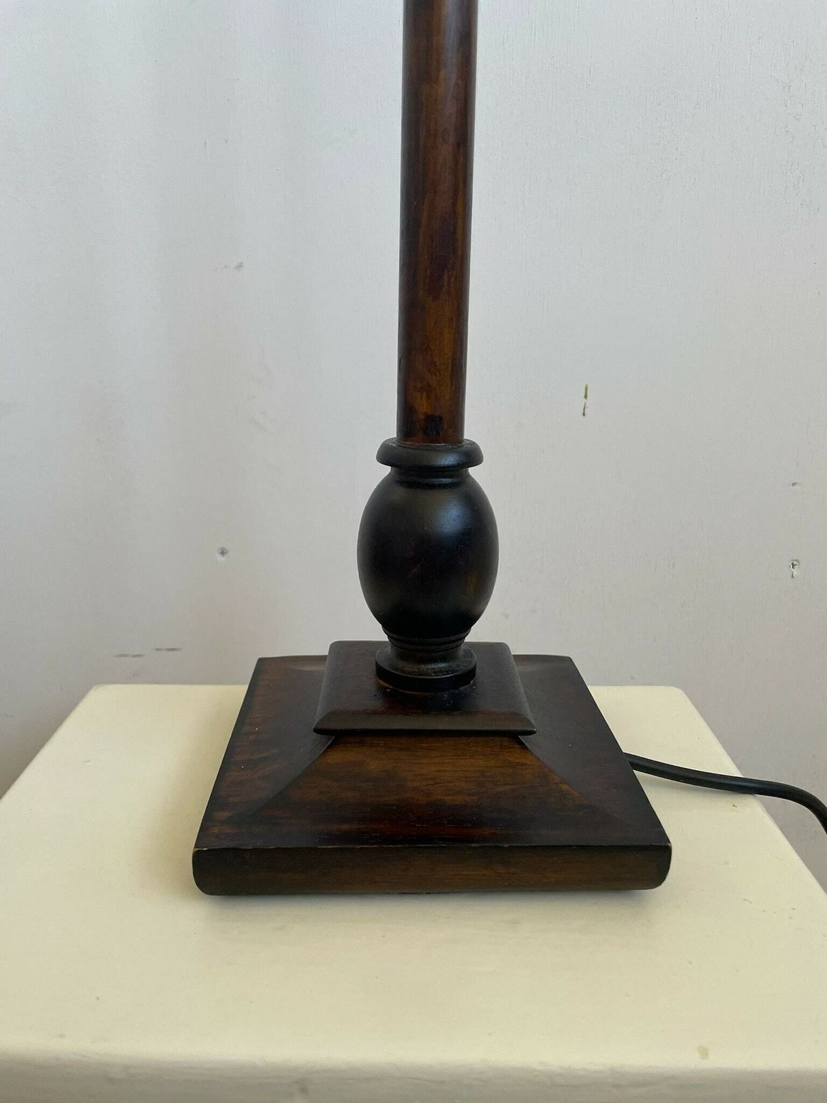 Tall Slim Vintage Wooden Table Lamp With Blue Velvet Drum Shade photo Lighting