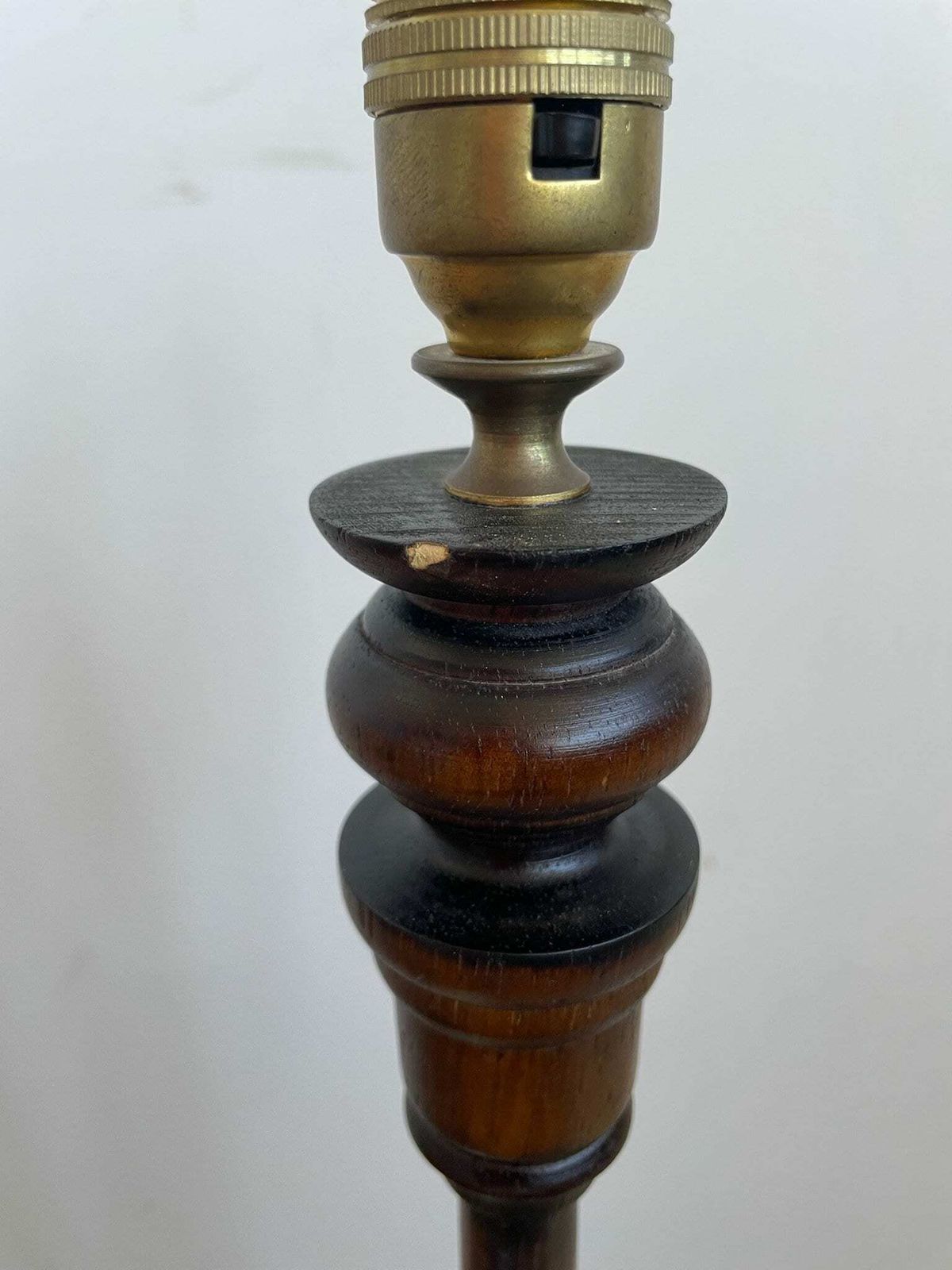 Tall Slim Vintage Wooden Table Lamp With Blue Velvet Drum Shade photo vintage